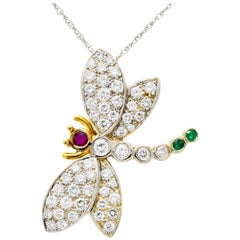 Vintage Contemporary Diamond Emerald Ruby 18 Karat Two-Tone Gold Dragonfly Necklace