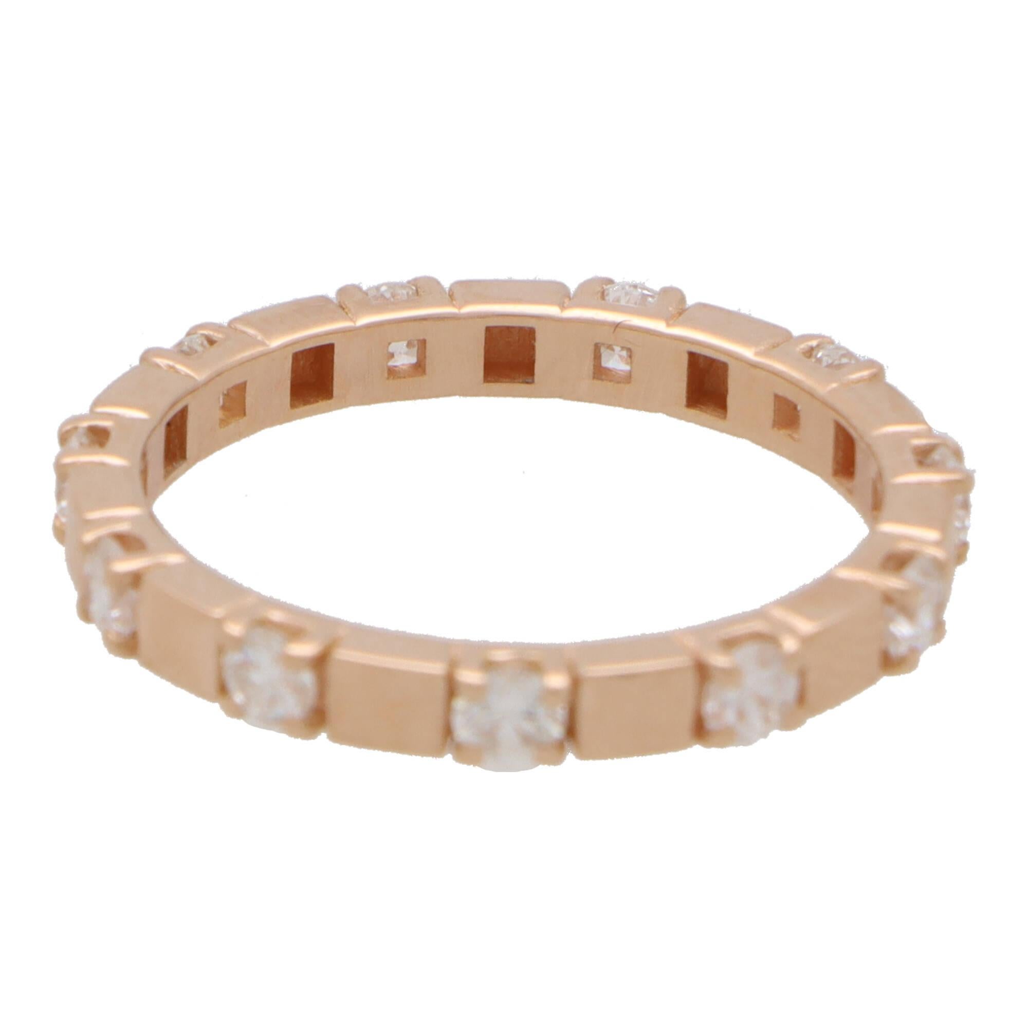 A unique contemporary diamond full eternity ring set in 18k rose gold.

The eternity ring is set with exactly 11 round brilliant cut diamonds; all of which are claw set within a 2.5-millimetre band (there is a height of 2-millimetres). What makes