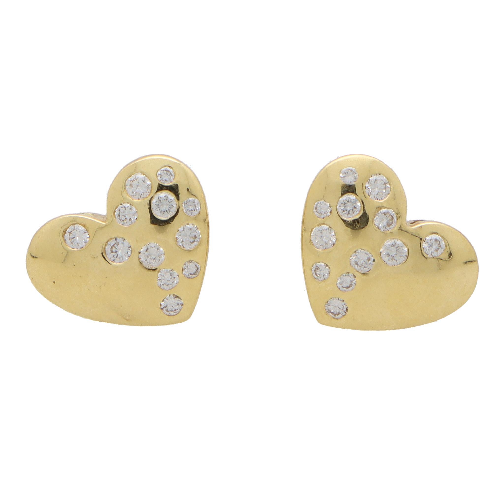 Modern Contemporary Diamond Heart Large Stud Earrings in 18k Yellow Gold