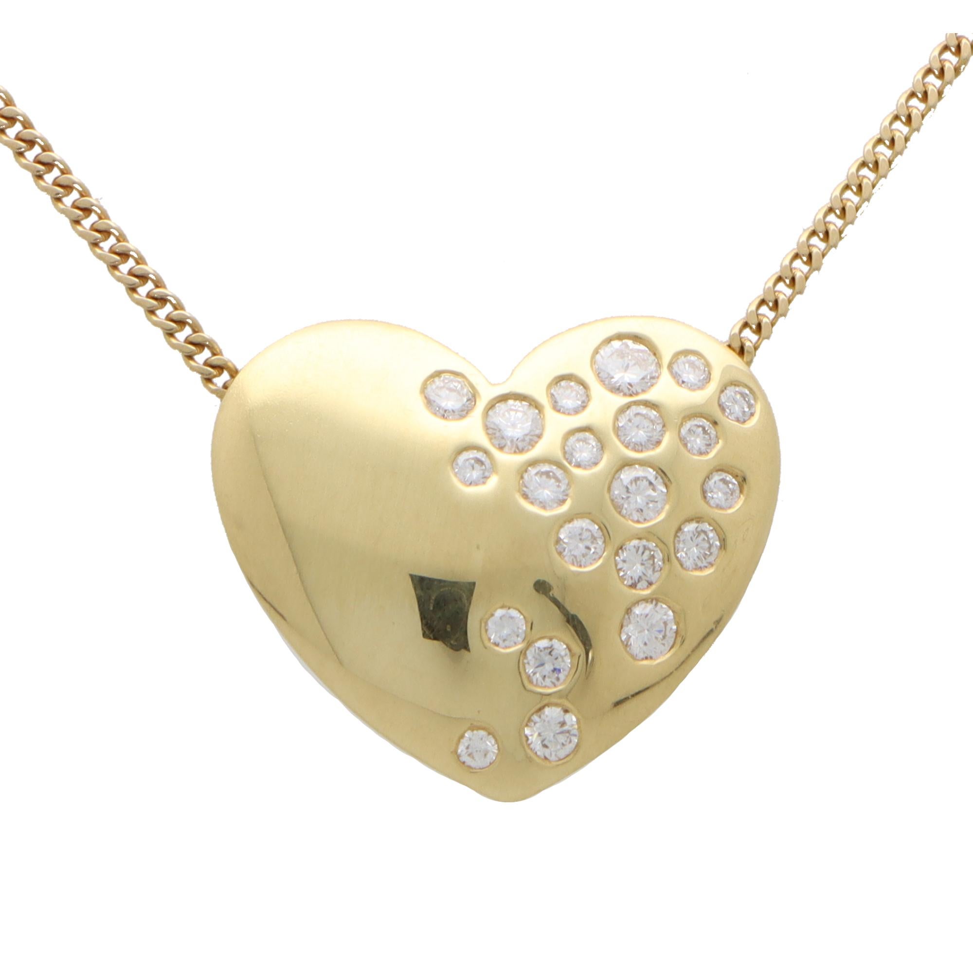 Round Cut Contemporary Diamond Heart Pendant Necklace Set in 18k Yellow Gold