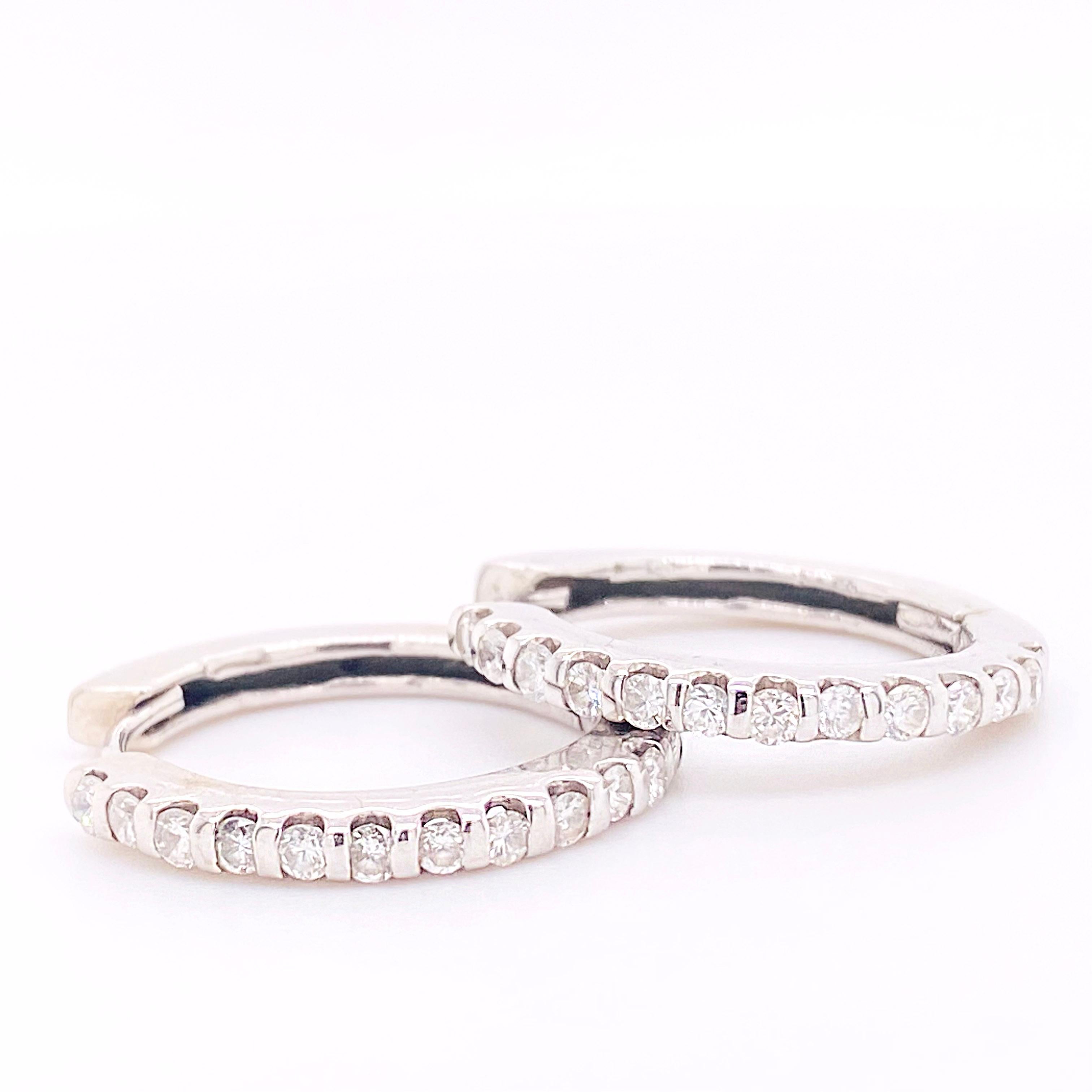 Are you wishing that you had hoop earrings that would not break, bend, or mis-shape? These earrings were made for durability and beauty. The design is a one inch (1 inch) hoop that has extra sturdy construction. The string of diamonds is connected