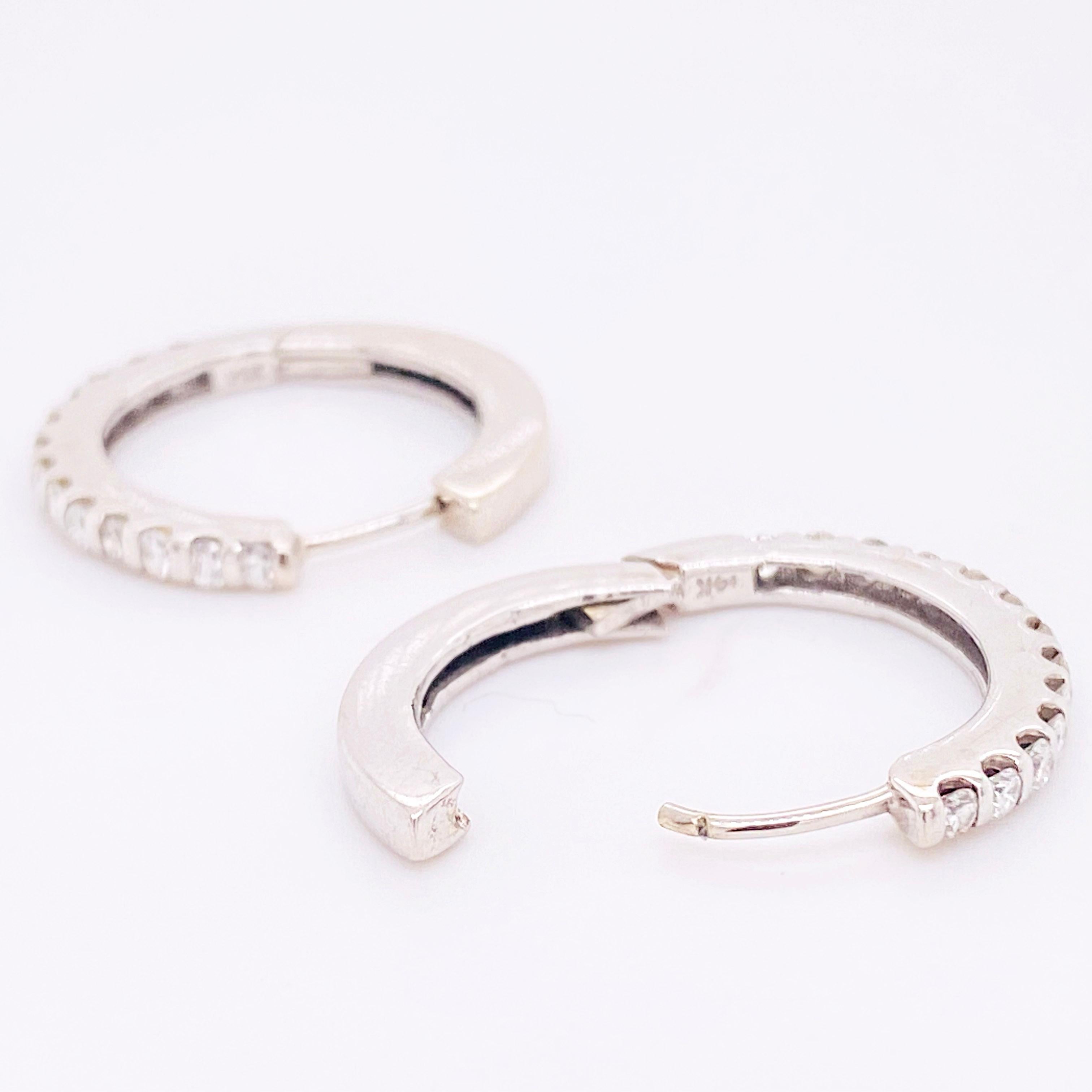 Round Cut Contemporary Diamond Hoop Earrings w 24 Full Cut Diamonds Hinged Earrings White For Sale