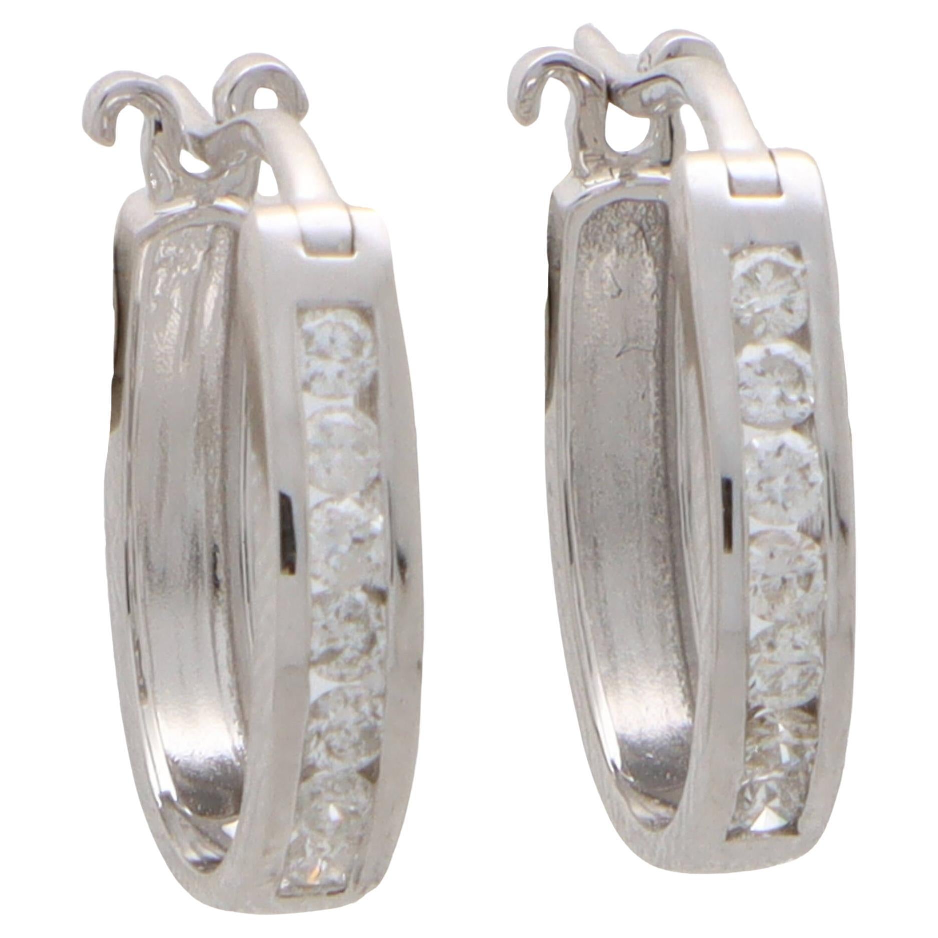  Contemporary Diamond Hoops in 14K White Gold For Sale