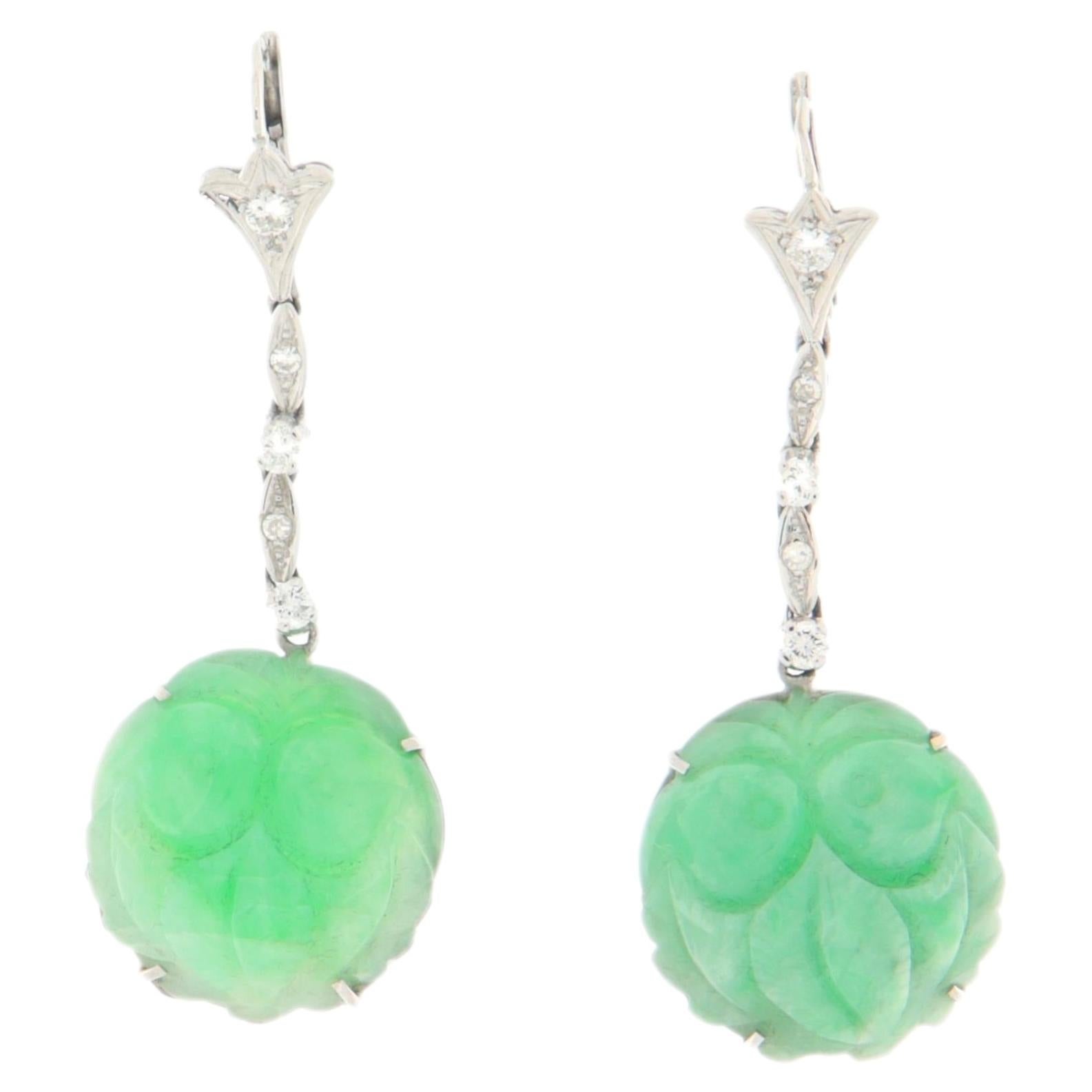 Contemporary Diamond Jade 18K White Gold Bezel Setting Drop Earring For Sale