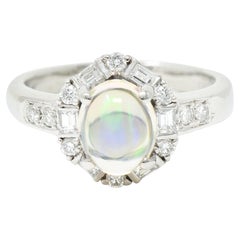 Contemporary Diamond Jelly Opal Platinum Halo Gemstone Ring