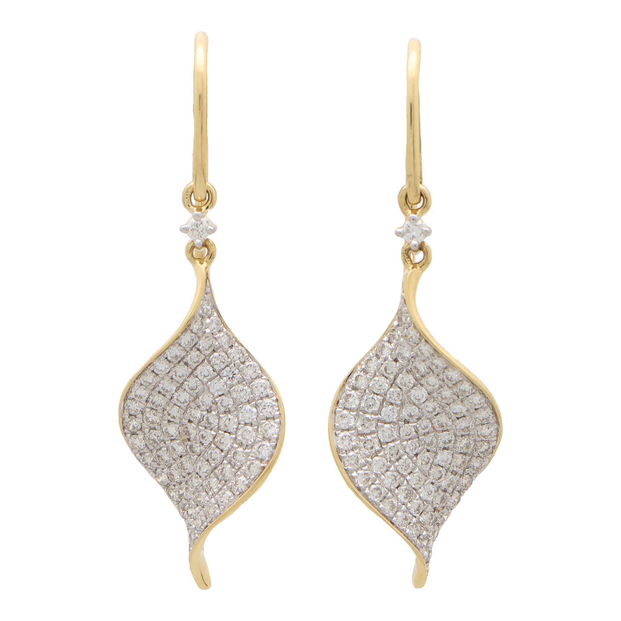 Contemporary Diamond Leaf Drop Earrings in 18k Yellow Gold For Sale