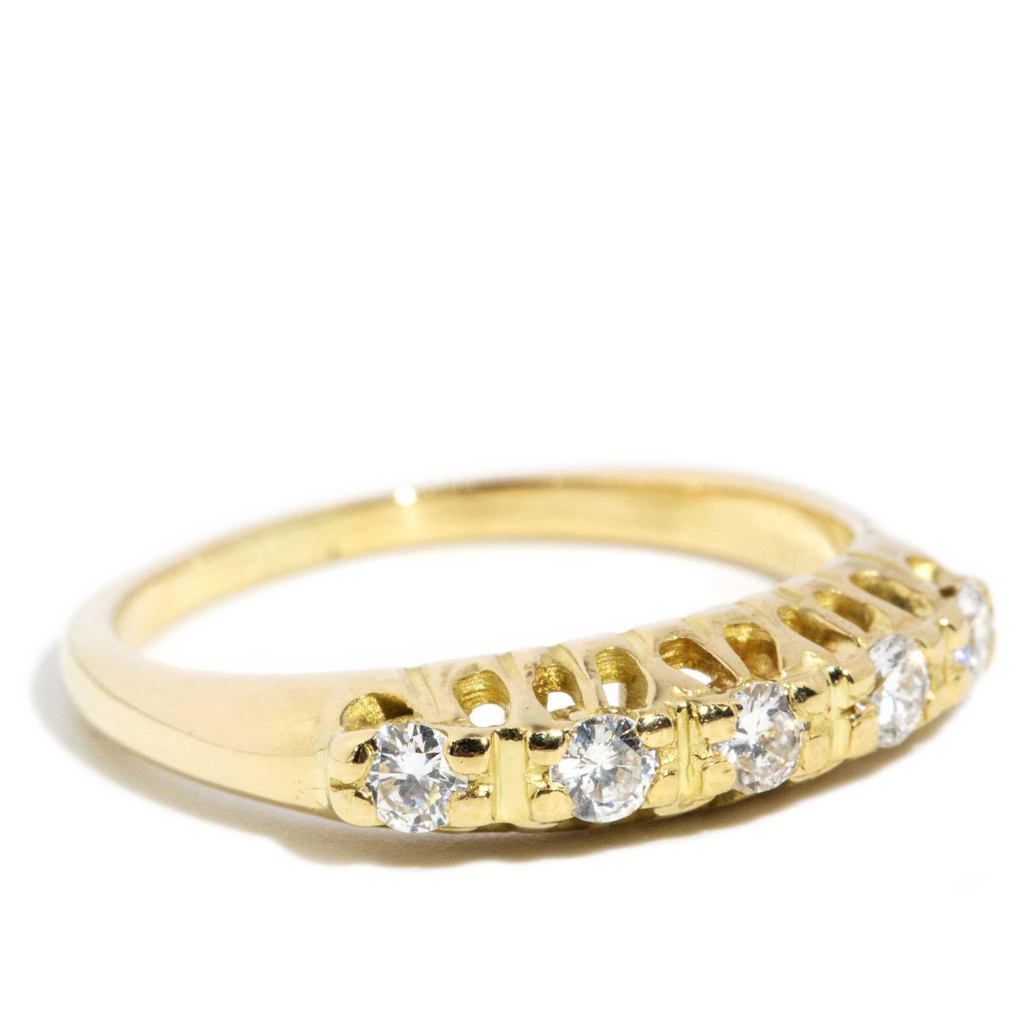 A row of shimmering diamonds crafted in 18 carat gold make up our Rome Ring.  Lovely to wear by herself or to stack with other treasures from your collection.

The Rome Ring Gem Details
The five round brilliant cut diamonds are estimated to weigh