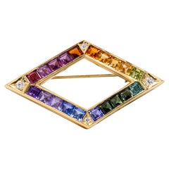 Contemporary Diamond Multi-Gem 18 Karat Yellow Gold Rainbow Diamond Brooch