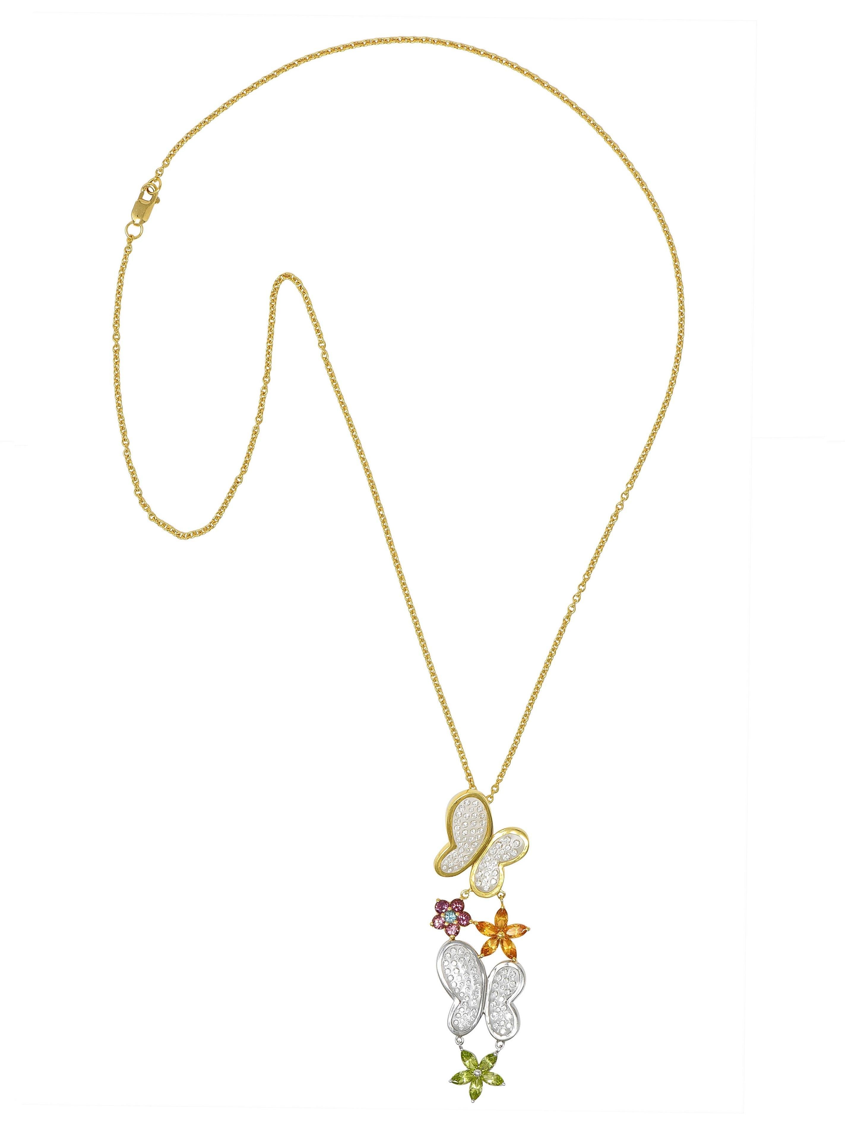 Round Cut Contemporary Diamond Multi-Gem 18K Gold Flower Butterfly Pendant Necklace For Sale