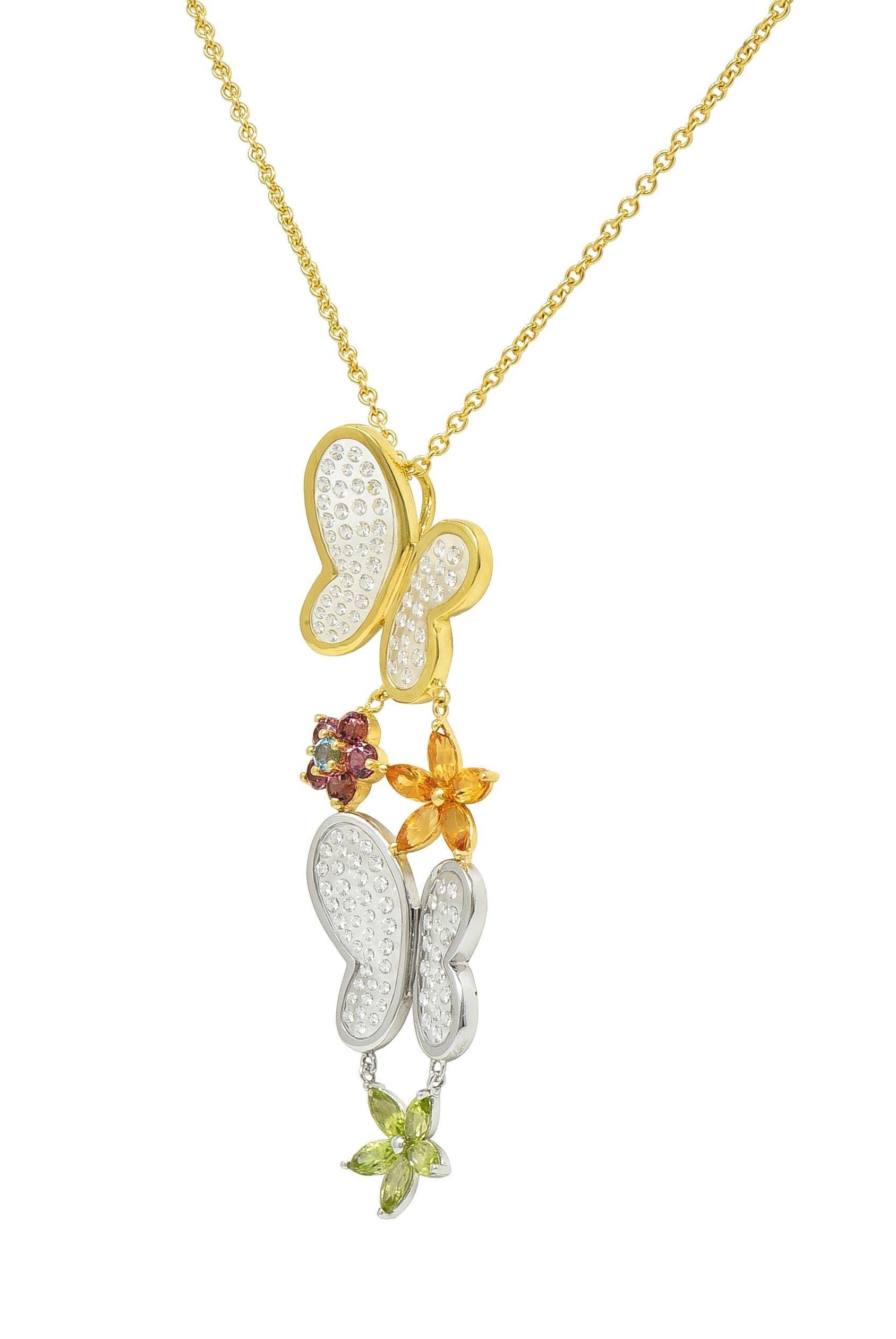 Contemporary Diamond Multi-Gem 18K Gold Flower Butterfly Pendant Necklace In Excellent Condition For Sale In Philadelphia, PA