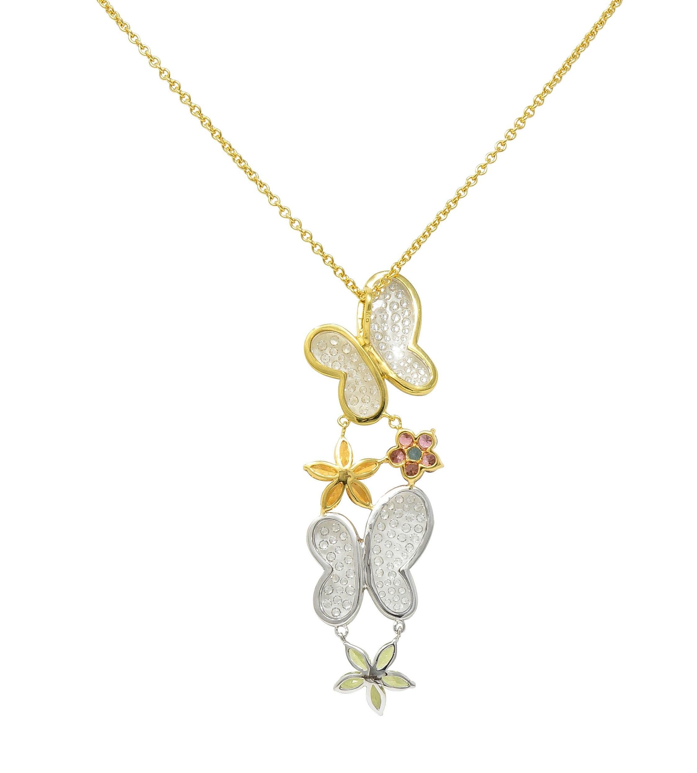 Women's or Men's Contemporary Diamond Multi-Gem 18K Gold Flower Butterfly Pendant Necklace For Sale