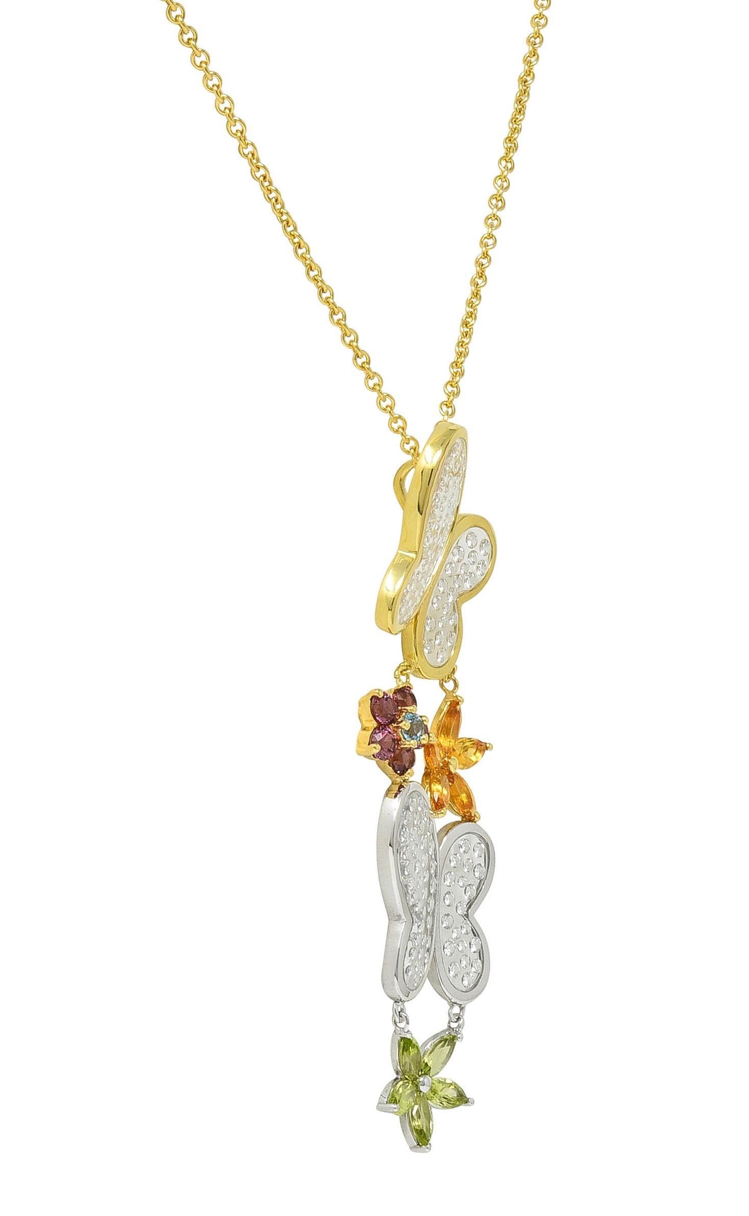 Contemporary Diamond Multi-Gem 18K Gold Flower Butterfly Pendant Necklace For Sale 1