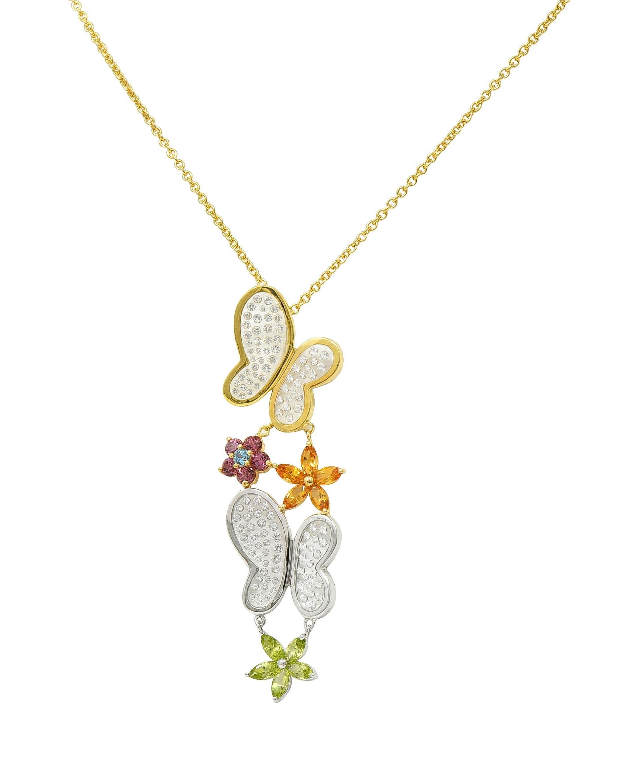 Contemporary Diamond Multi-Gem 18K Gold Flower Butterfly Pendant Necklace For Sale