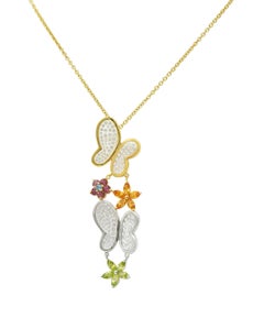 Contemporary Diamond Multi-Gem 18K Gold Flower Butterfly Pendant Necklace
