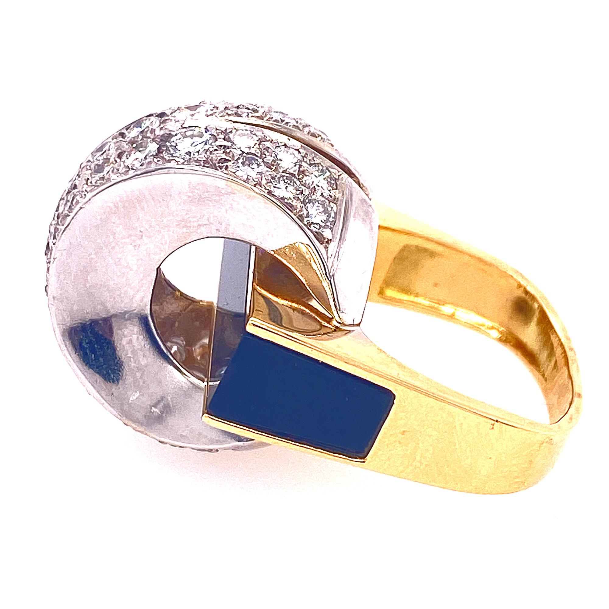 Round Cut Contemporary Diamond Onyx 14 Karat Yellow Gold Ring