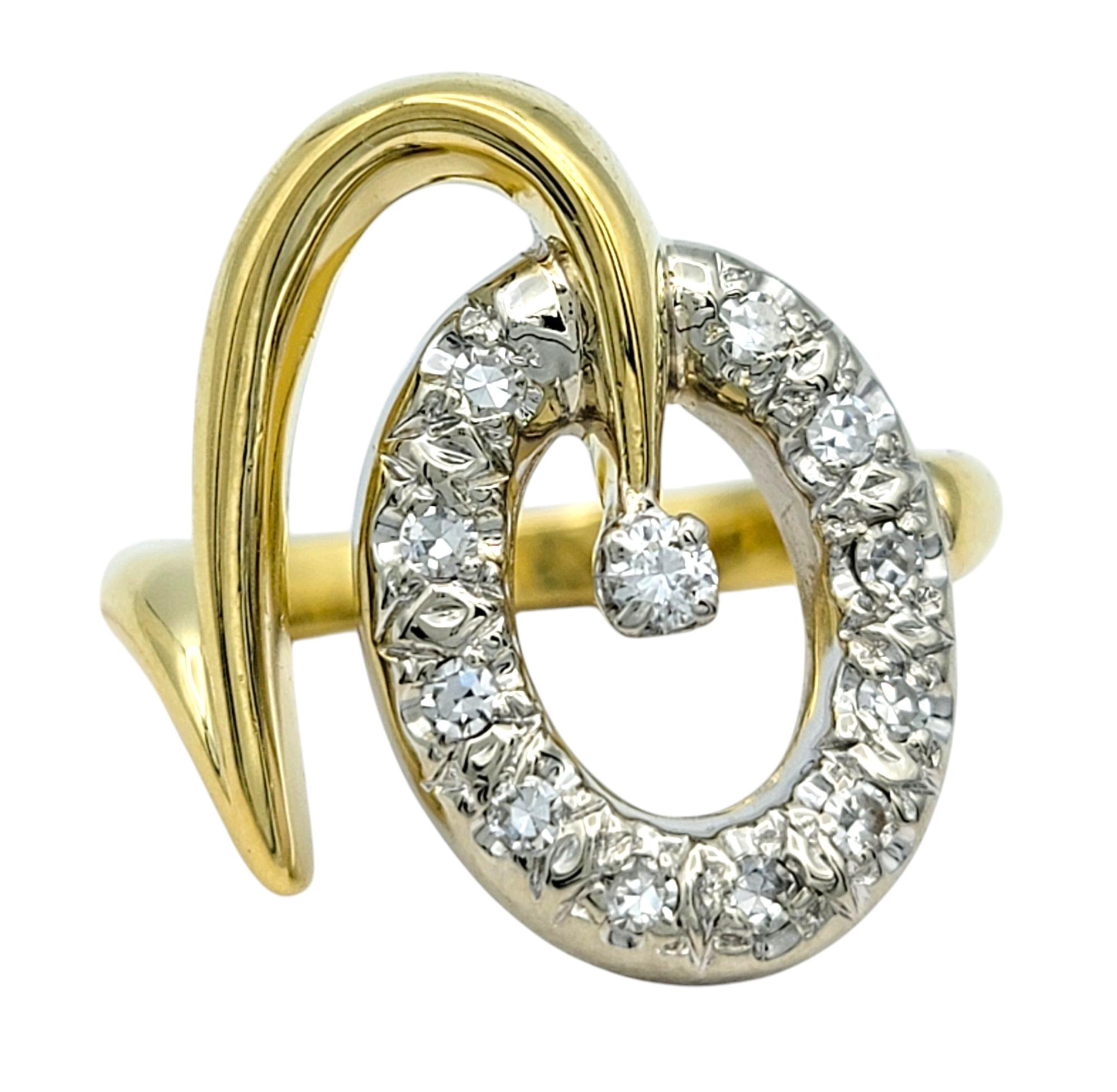 Round Cut Contemporary Diamond Open Loop Motif Cocktail Ring in Two-Tone 18 Karat Gold For Sale