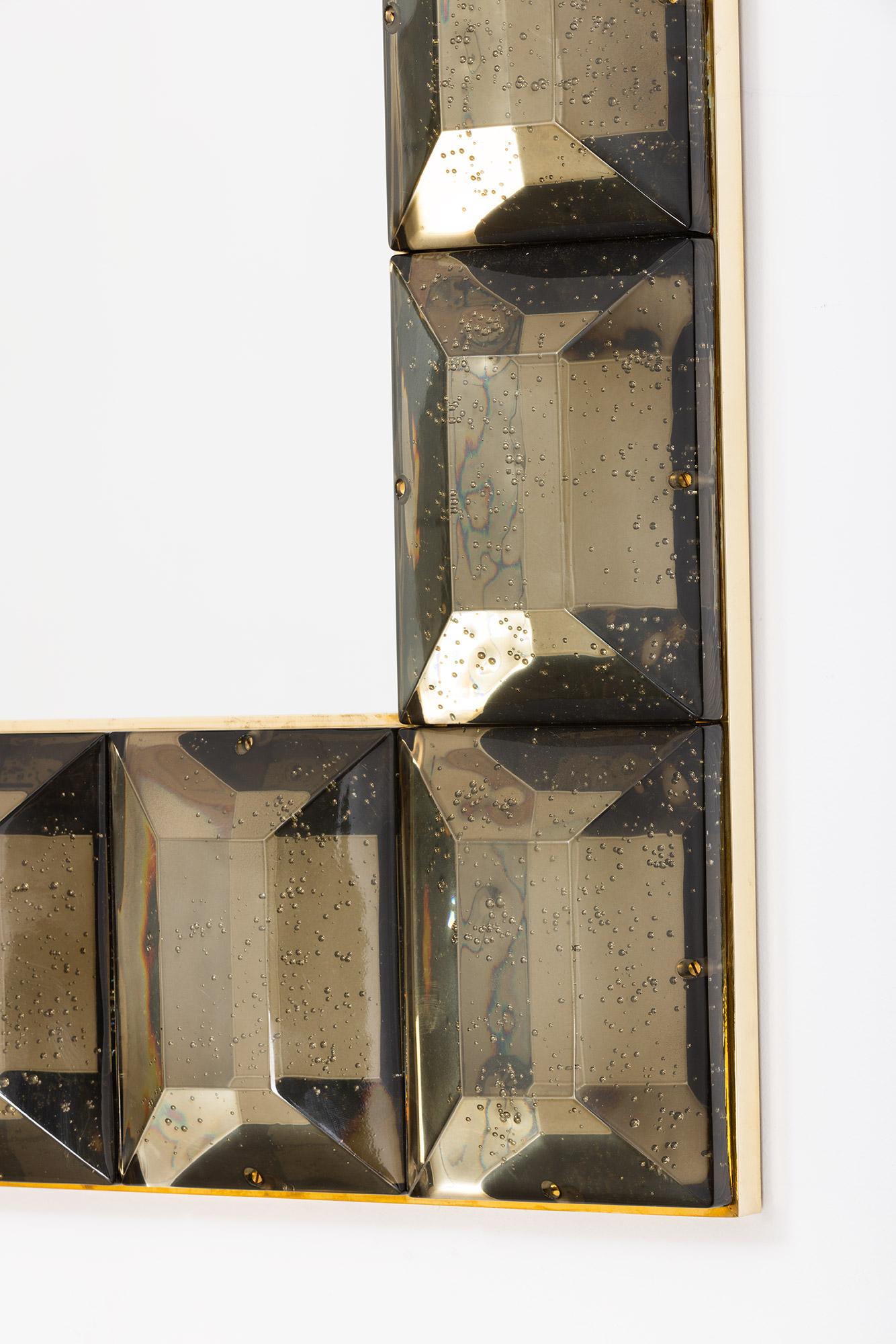 Mid-Century Modern Contemporary Diamond Pattern Murano Smoked Glass Mirror, in Stock For Sale