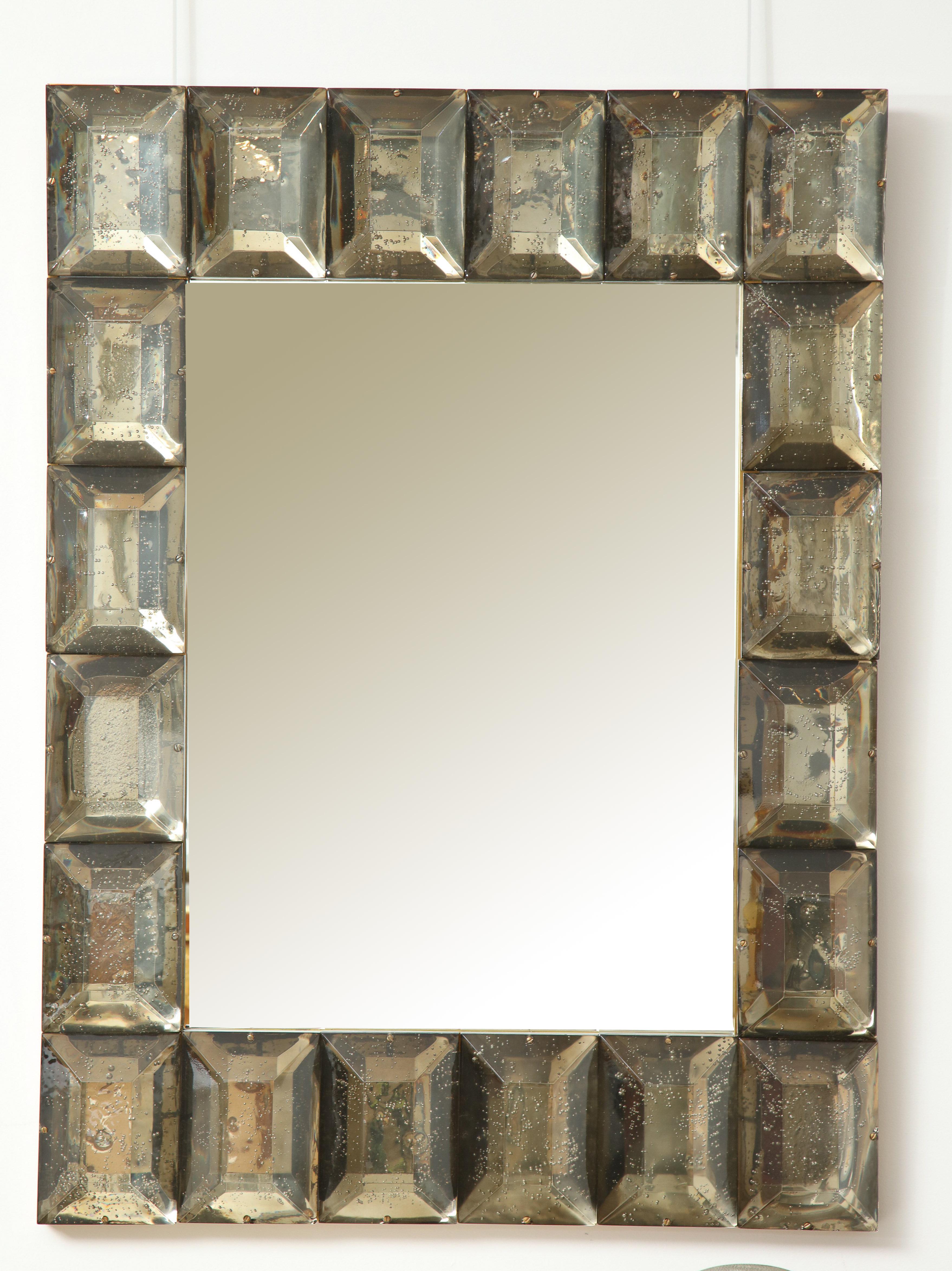 Smoked Bronze Rectangular Faceted Murano Glass and Brass Wall Mirror, Italy