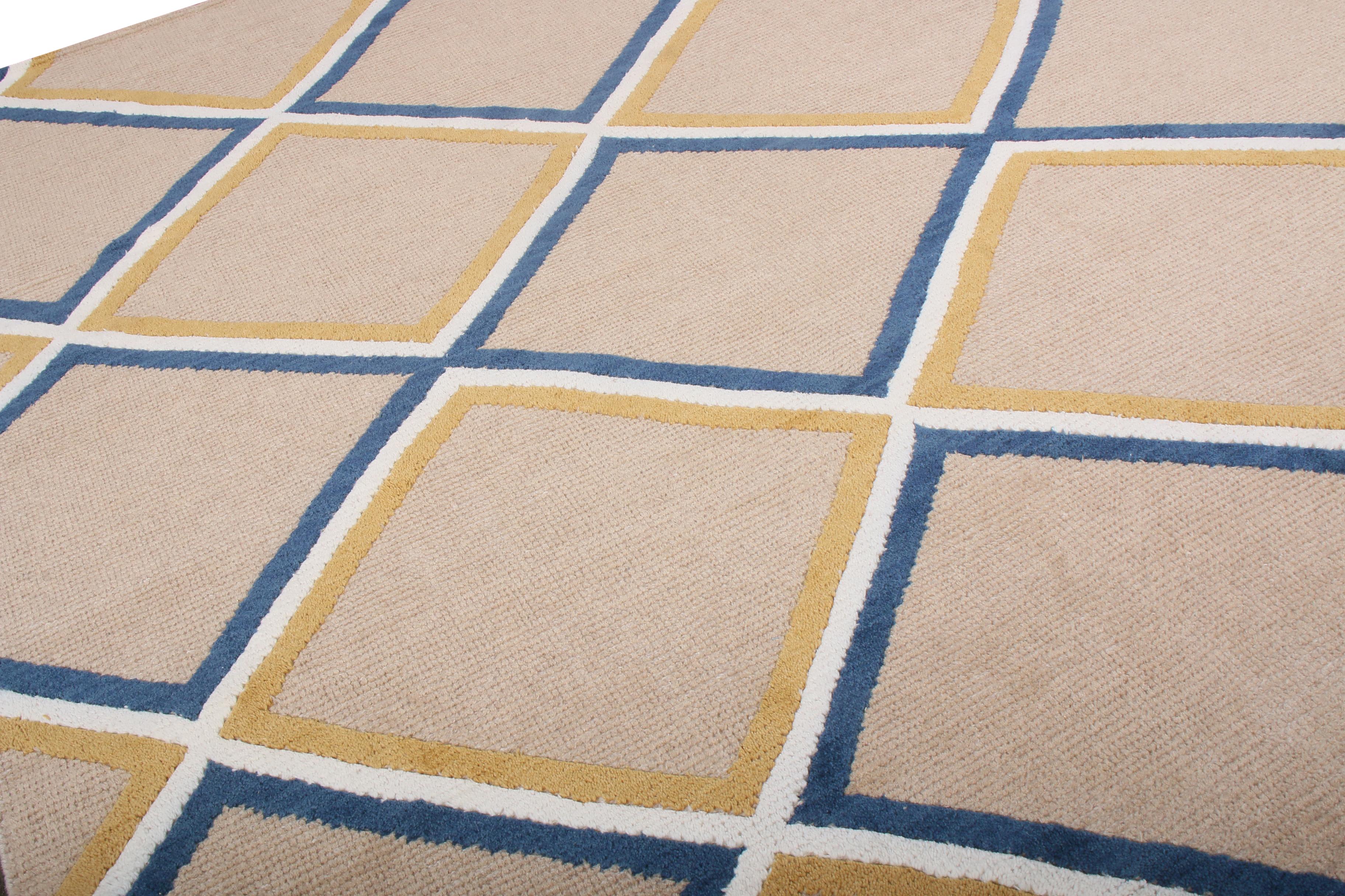 Modern Rug & Kilim's Contemporary Diamond Pattern Rug Beige Gold and Blue For Sale