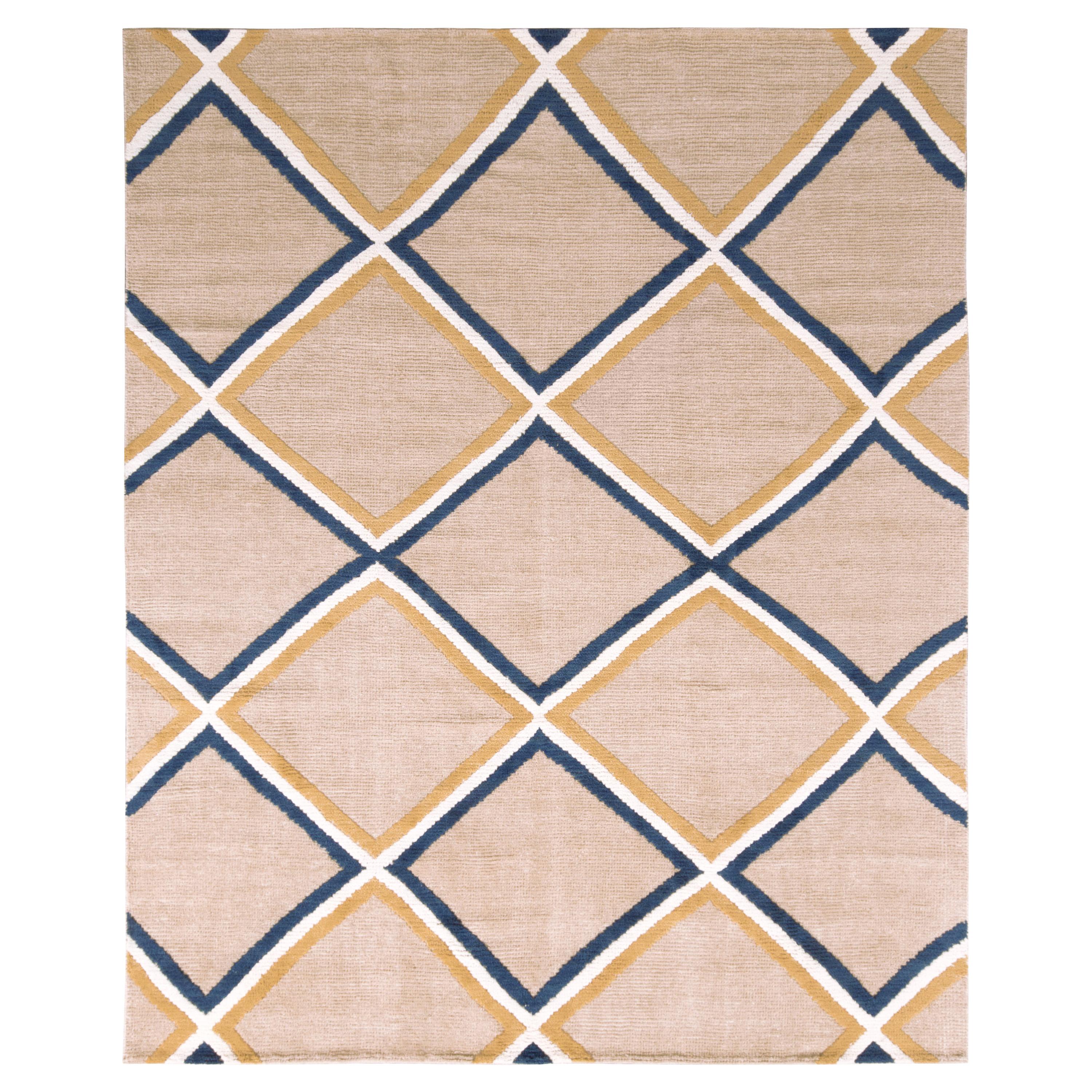 Contemporary Diamond Pattern Rug Beige Gold and Blue by Rug & Kilim