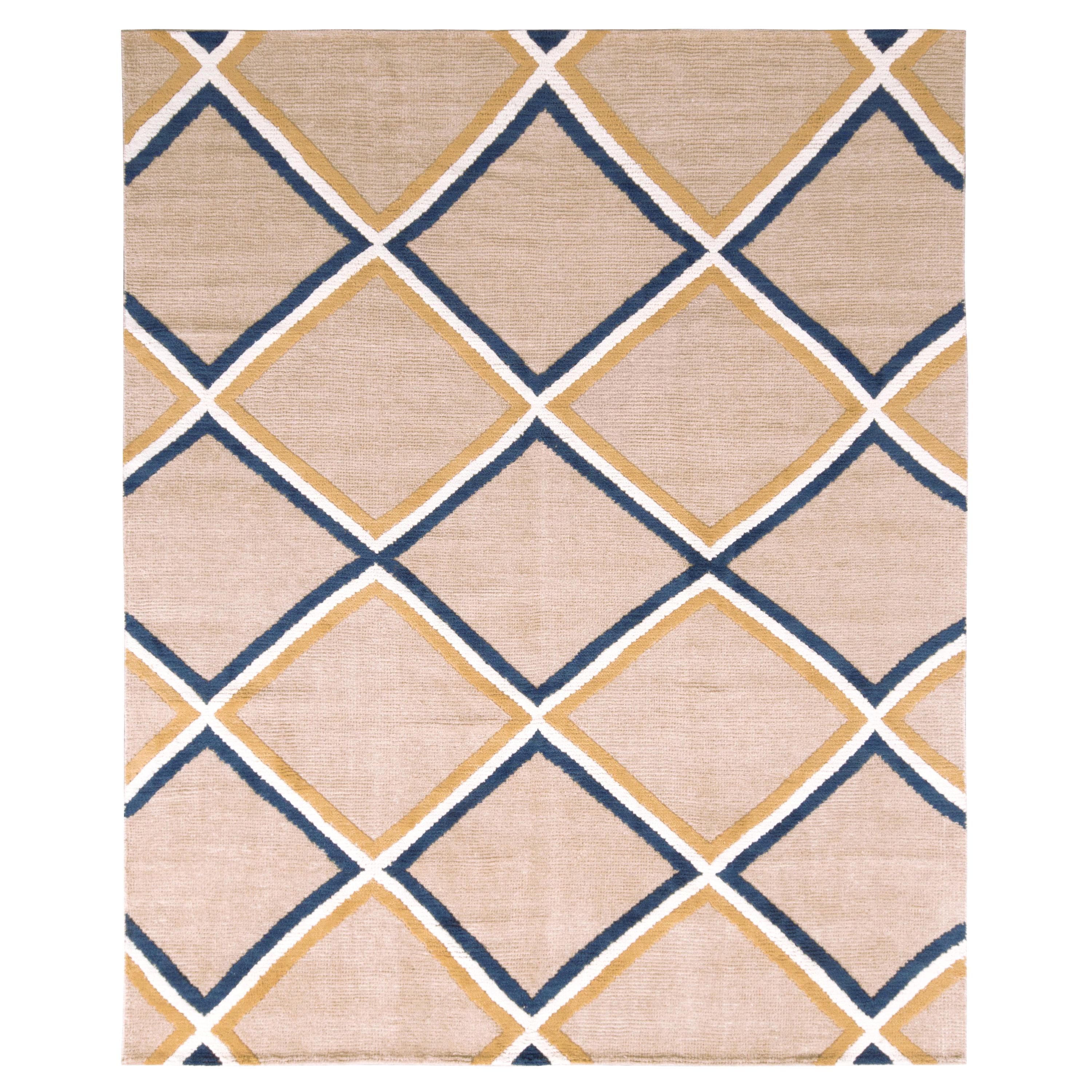 Rug & Kilim's Contemporary Diamond Pattern Rug Beige Gold and Blue