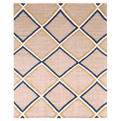 Rug & Kilim's Contemporary Diamond Pattern Rug Beige Gold and Blue