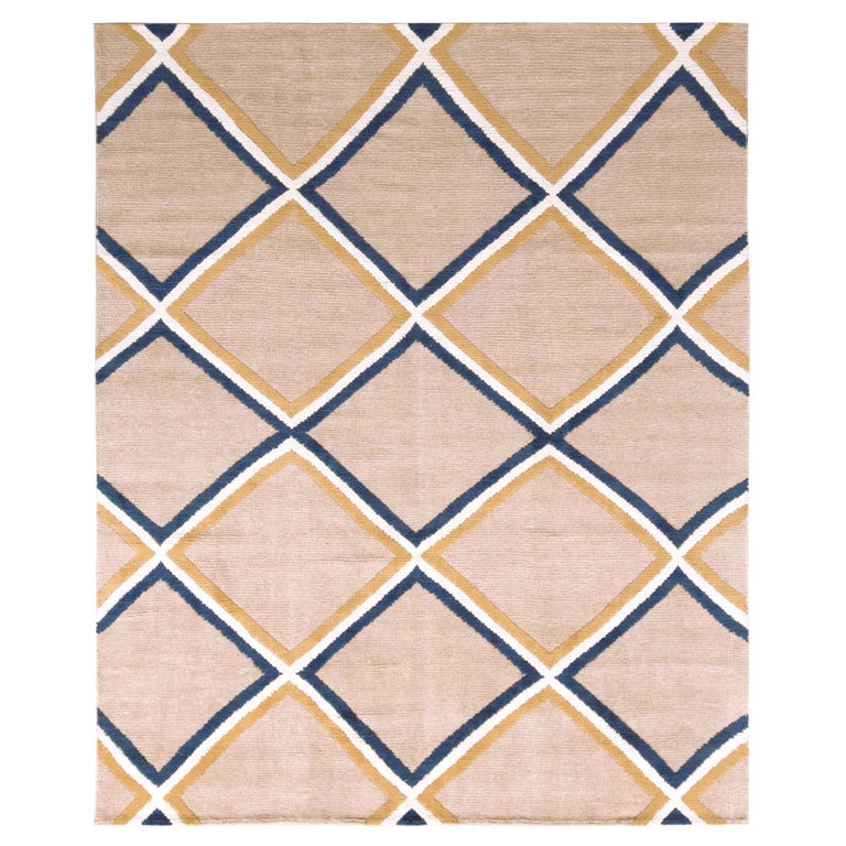 Rug and Kilim's Contemporary Diamond Pattern Rug Beige Gold and Blue