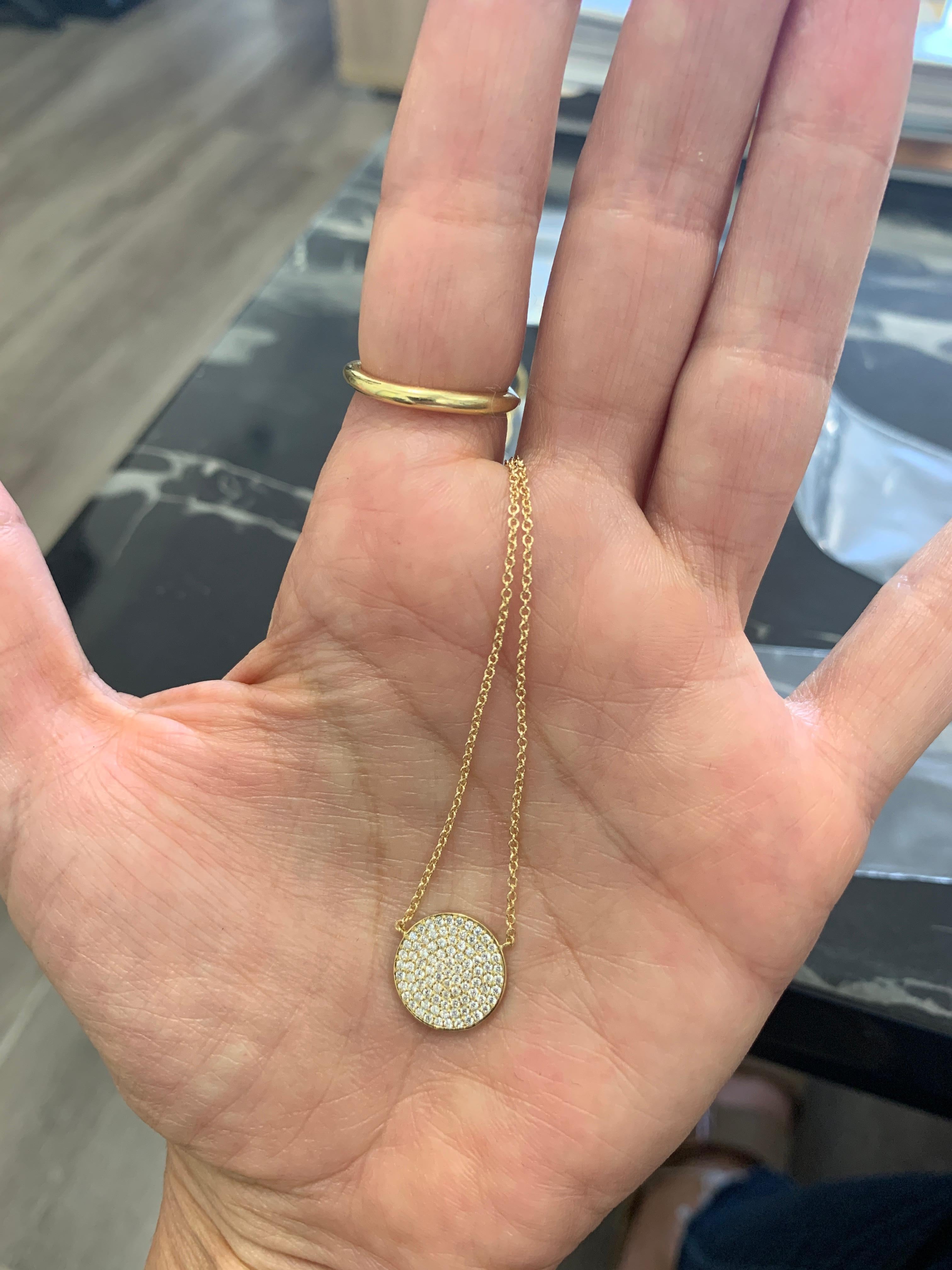 Women's or Men's Contemporary Diamond Pave Gold Disk Necklace  For Sale