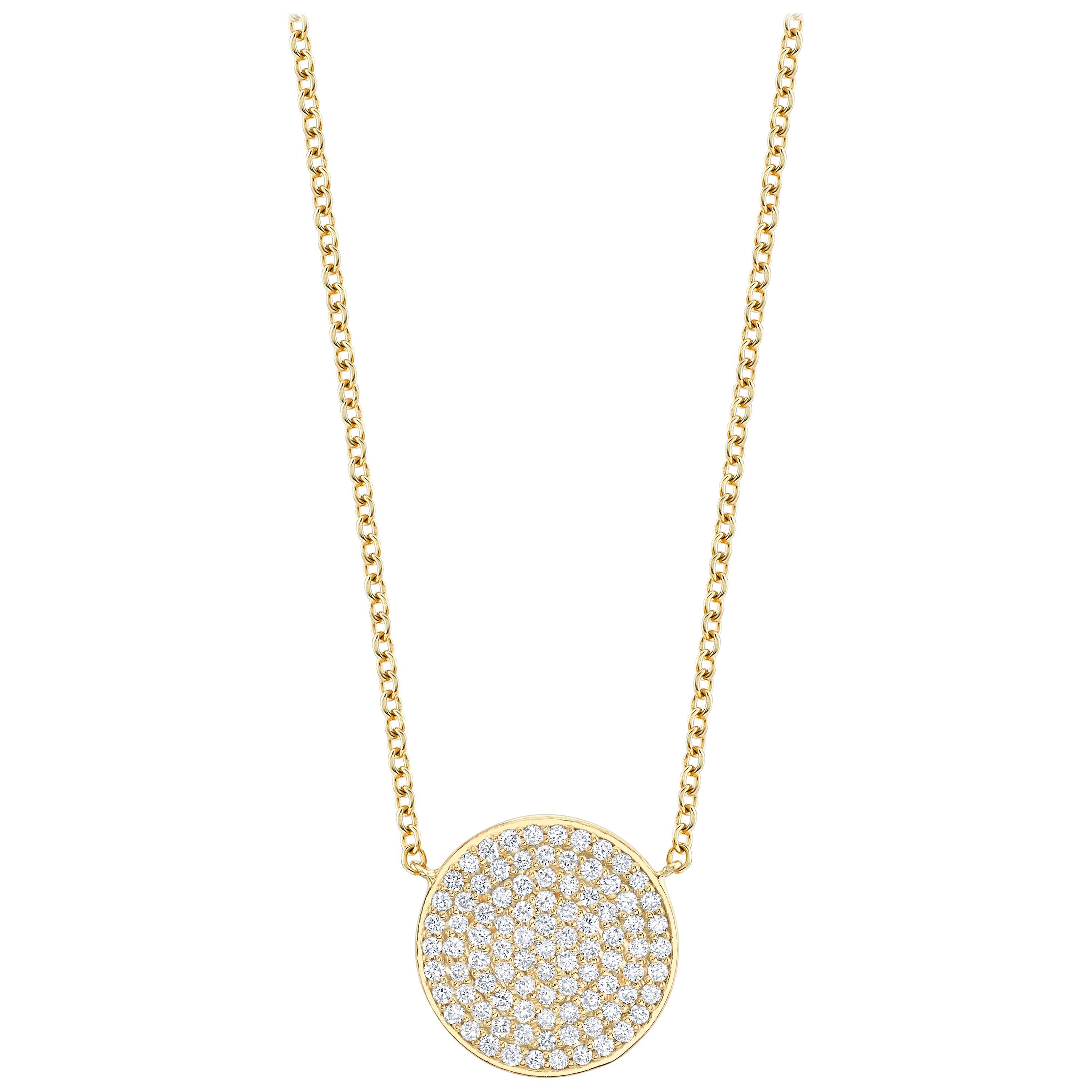 Contemporary Diamond Pave Gold Disk Necklace  For Sale