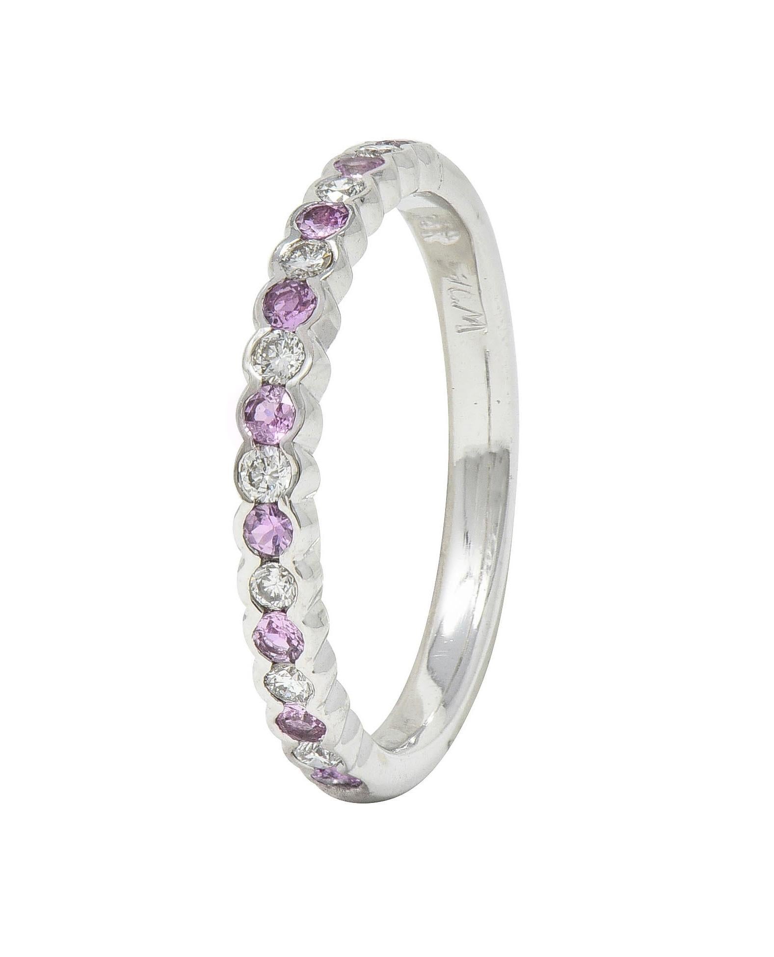 Featuring round brilliant cut diamonds and round cut sapphires alternating in bezel set pattern 
Diamonds weigh approximately 0.24 carat total - eye clean and bright
Sapphires weigh approximately 0.36 carat total - transparent light pink
Completed