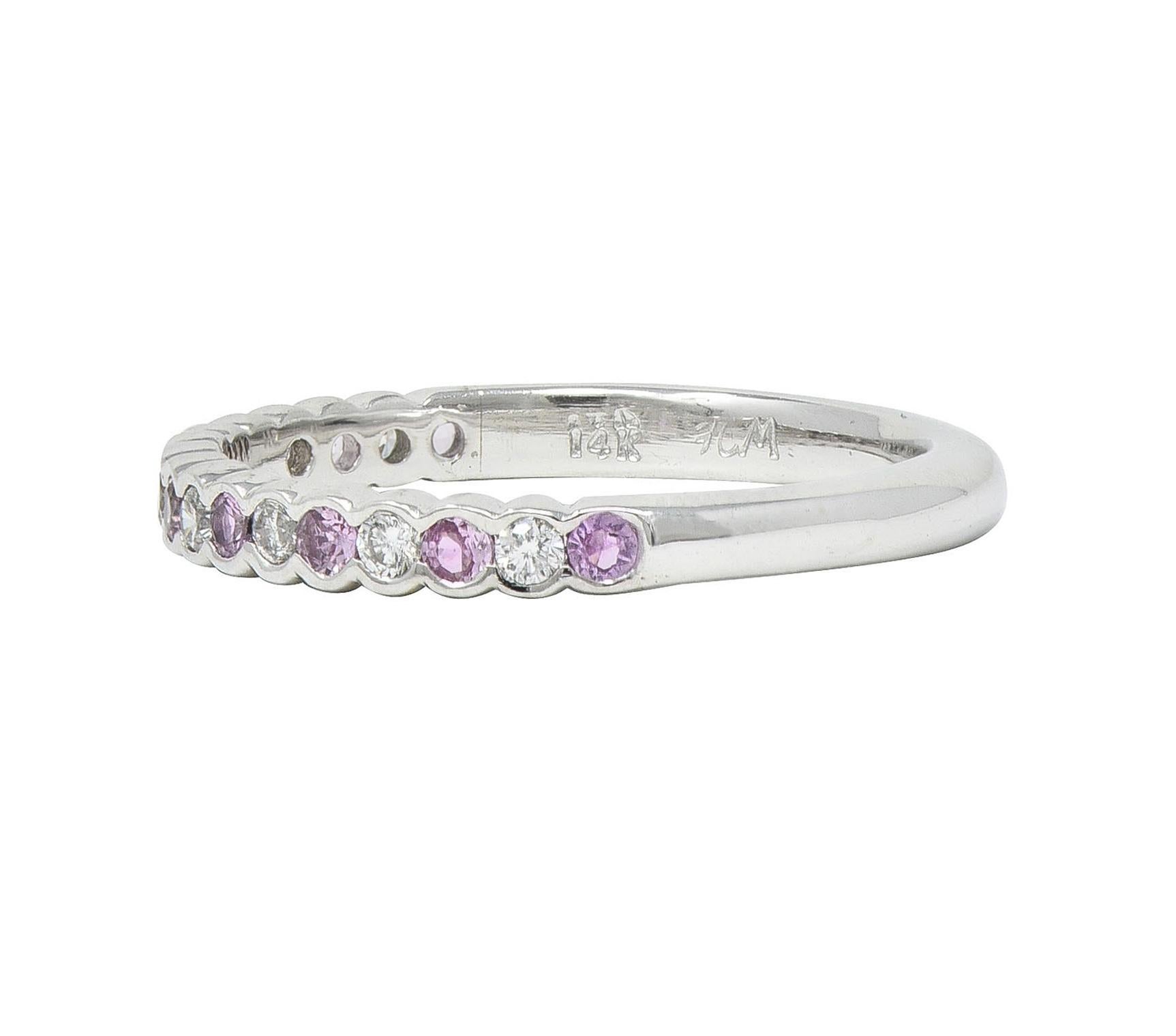Contemporary Diamond Pink Sapphire 18 Karat White Gold Stacking Band Ring For Sale 1