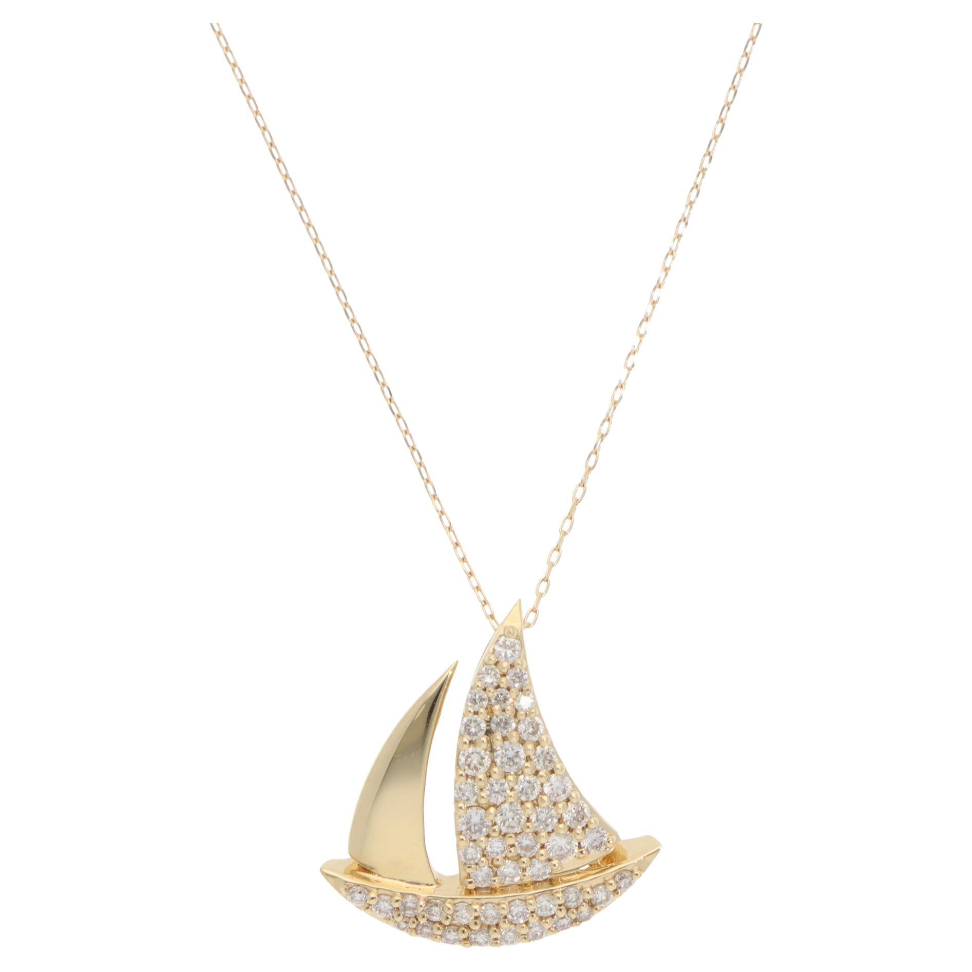 Contemporary Diamond Sailing Boat Pendant Necklace in Yellow Gold