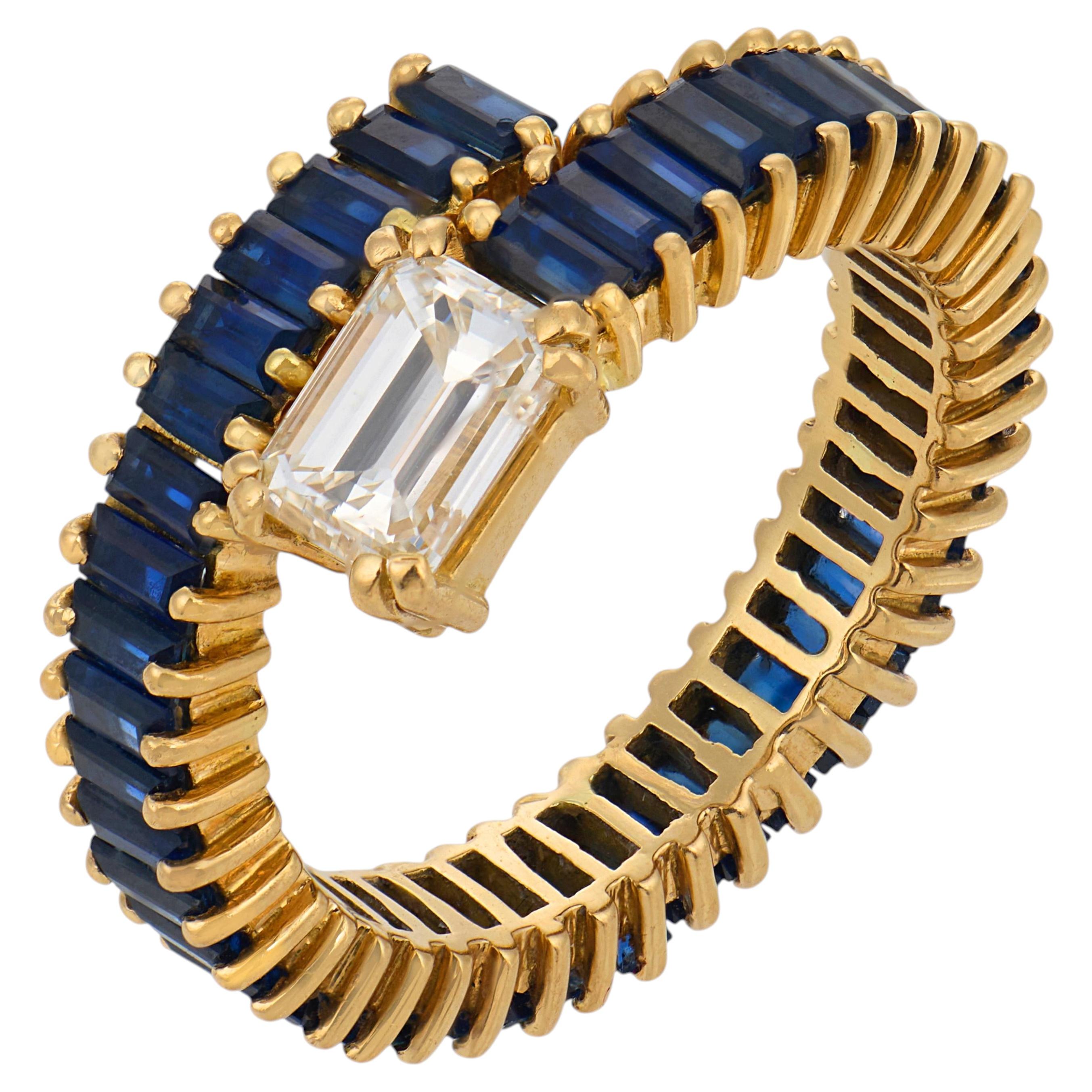 Contemporary diamond sapphire 18k yellow gold bypass ring