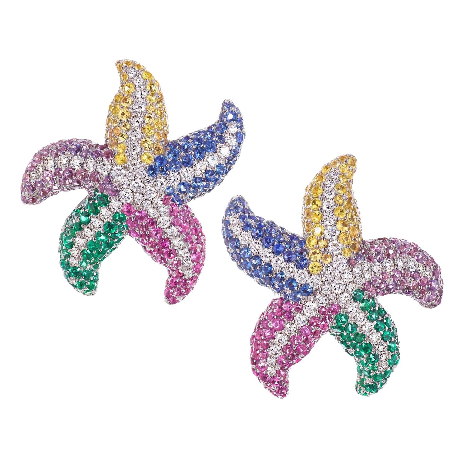 Contemporary Diamond, Sapphire and Emerald White Gold "Starfish" Earrings