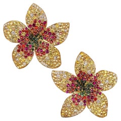 Rosior one-off Diamond, Sapphire and Ruby Yellow Gold Flower Earrings