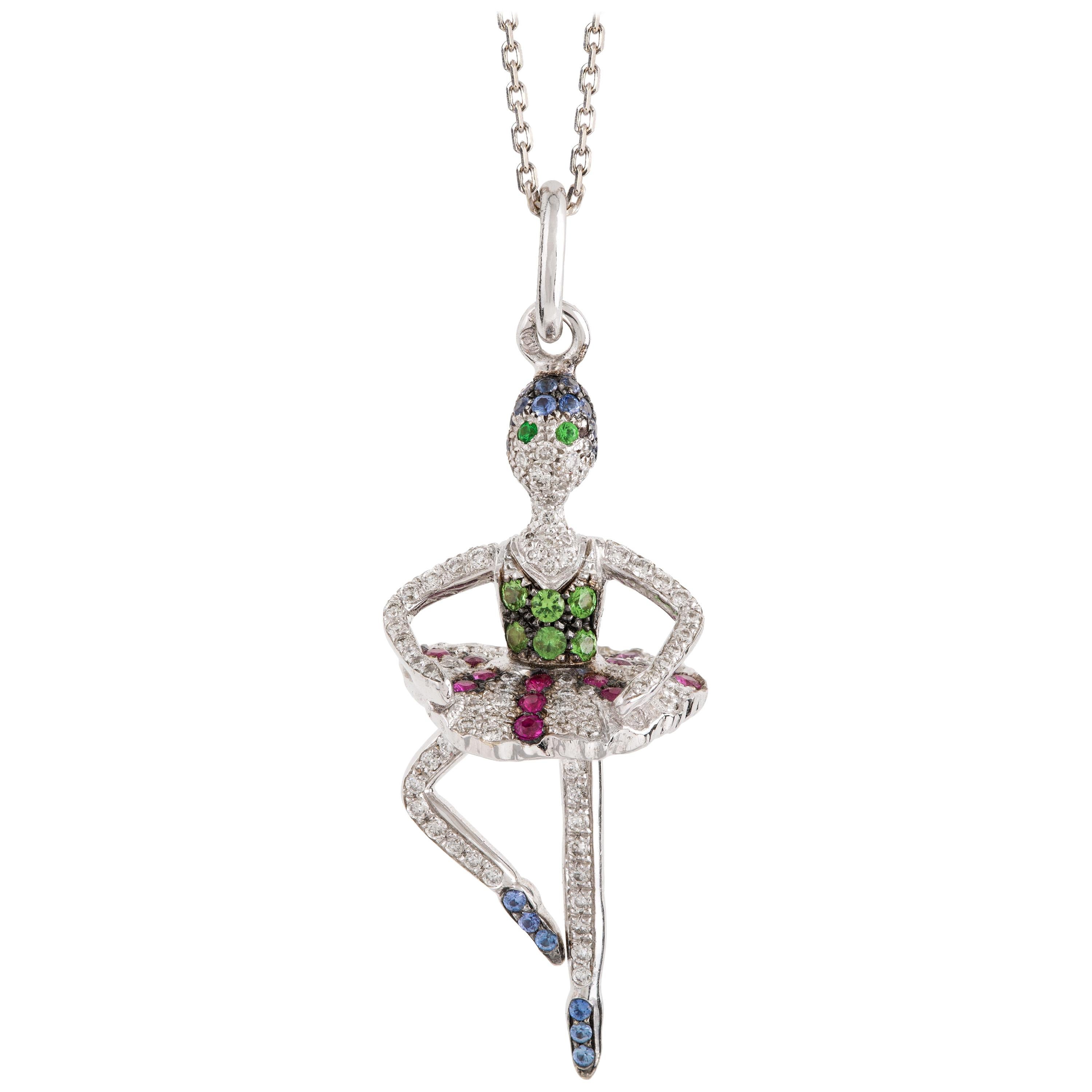Rosior one-off Diamond, Sapphire and Tsavorite "Ballerina" Pendant Necklace  For Sale