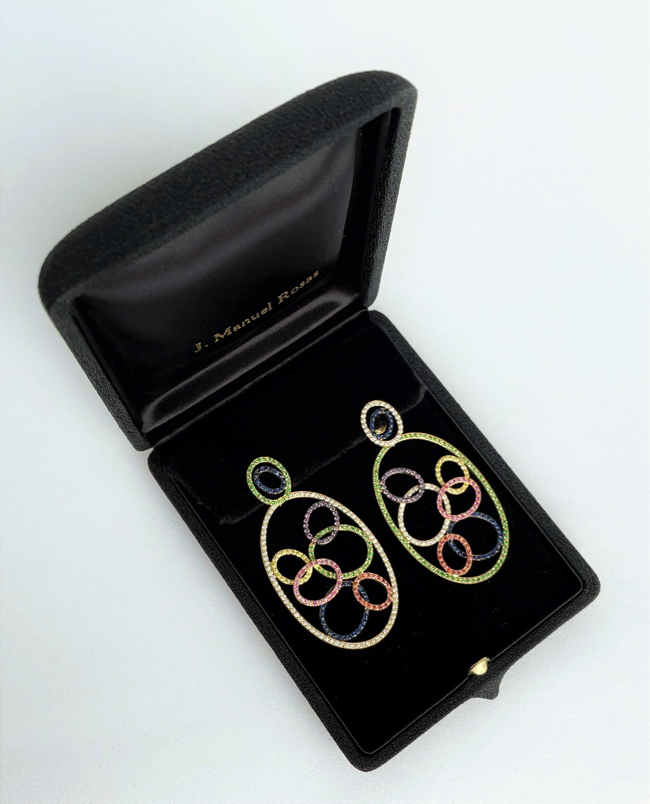 Contemporary Diamond, Sapphire and Tsavorite Drop Earrings set in Yellow Gold
