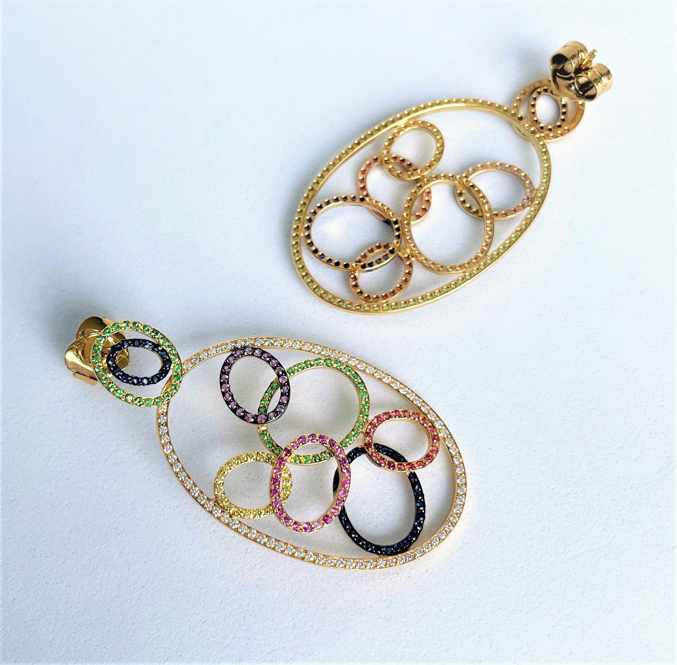 Diamond, Sapphire and Tsavorite Drop Earrings set in Yellow Gold In New Condition In Porto, PT