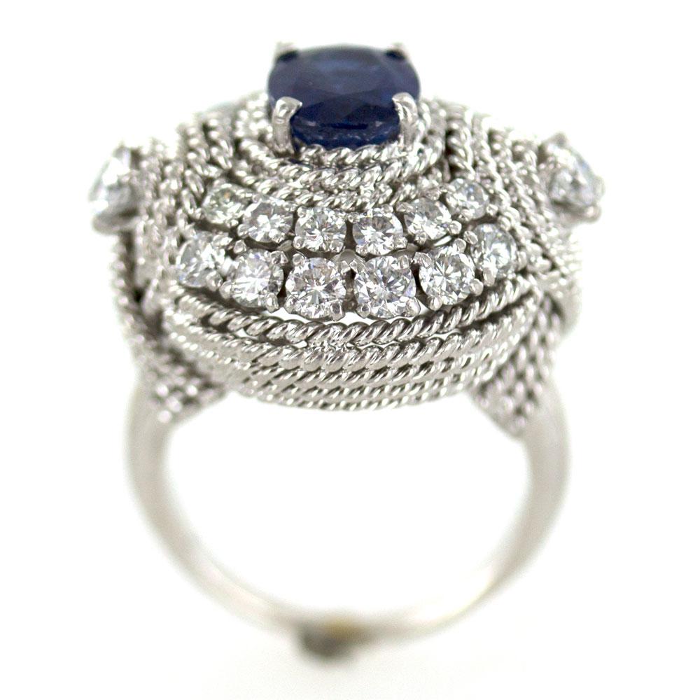 Contemporary  Diamond Natural Blue Sapphire 14 Karat White Gold Cocktail Ring