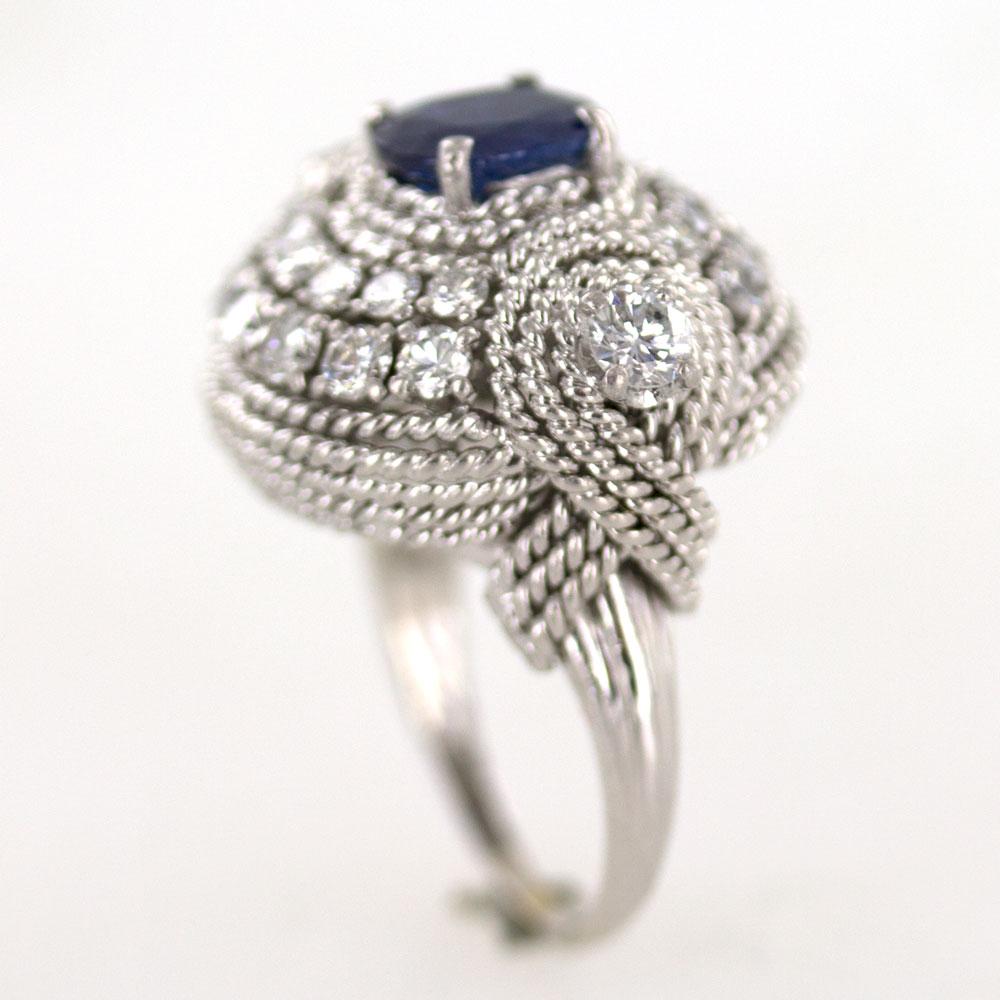 Round Cut  Diamond Natural Blue Sapphire 14 Karat White Gold Cocktail Ring