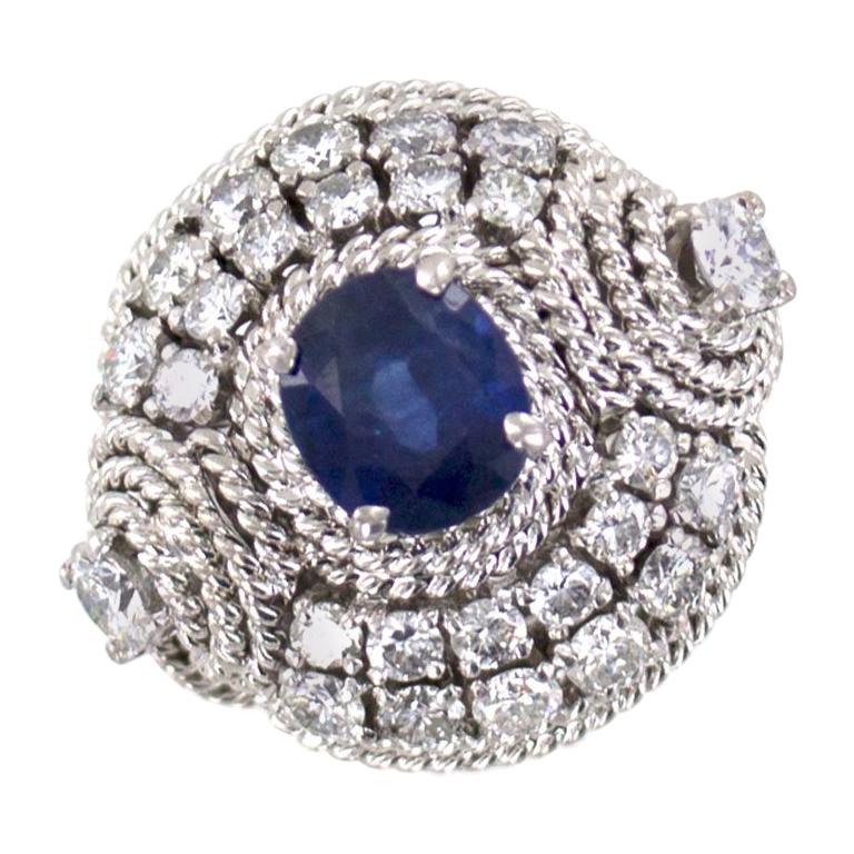  Diamond Natural Blue Sapphire 14 Karat White Gold Cocktail Ring