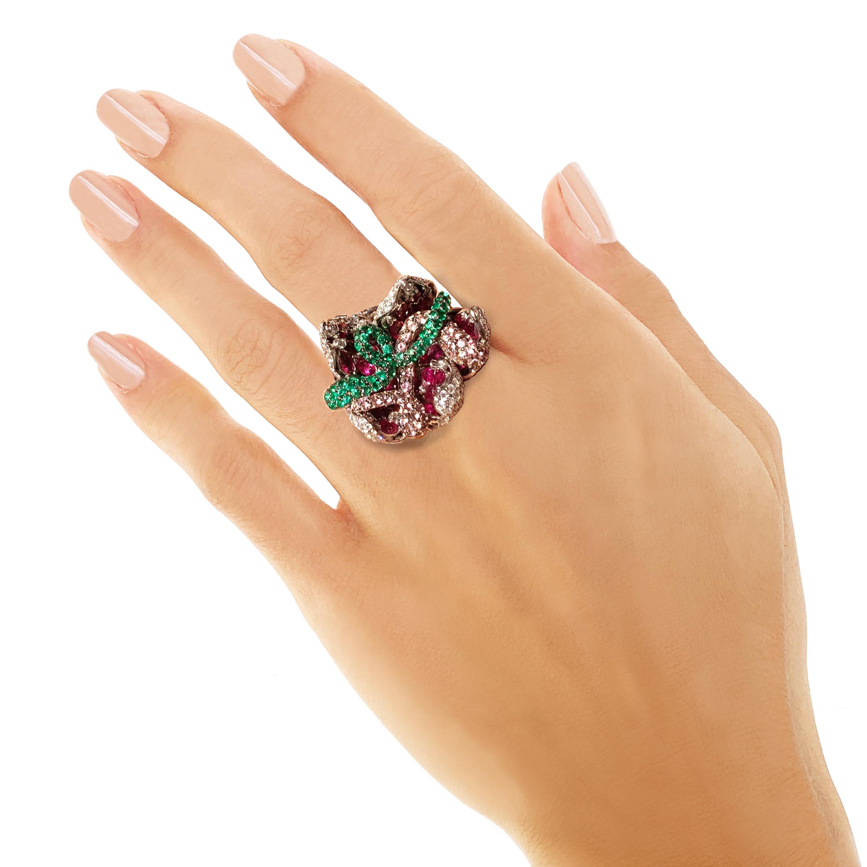 Contemporary Rosior one-off Diamond, Sapphire, Tourmaline and Emerald Ring set in White Gold For Sale
