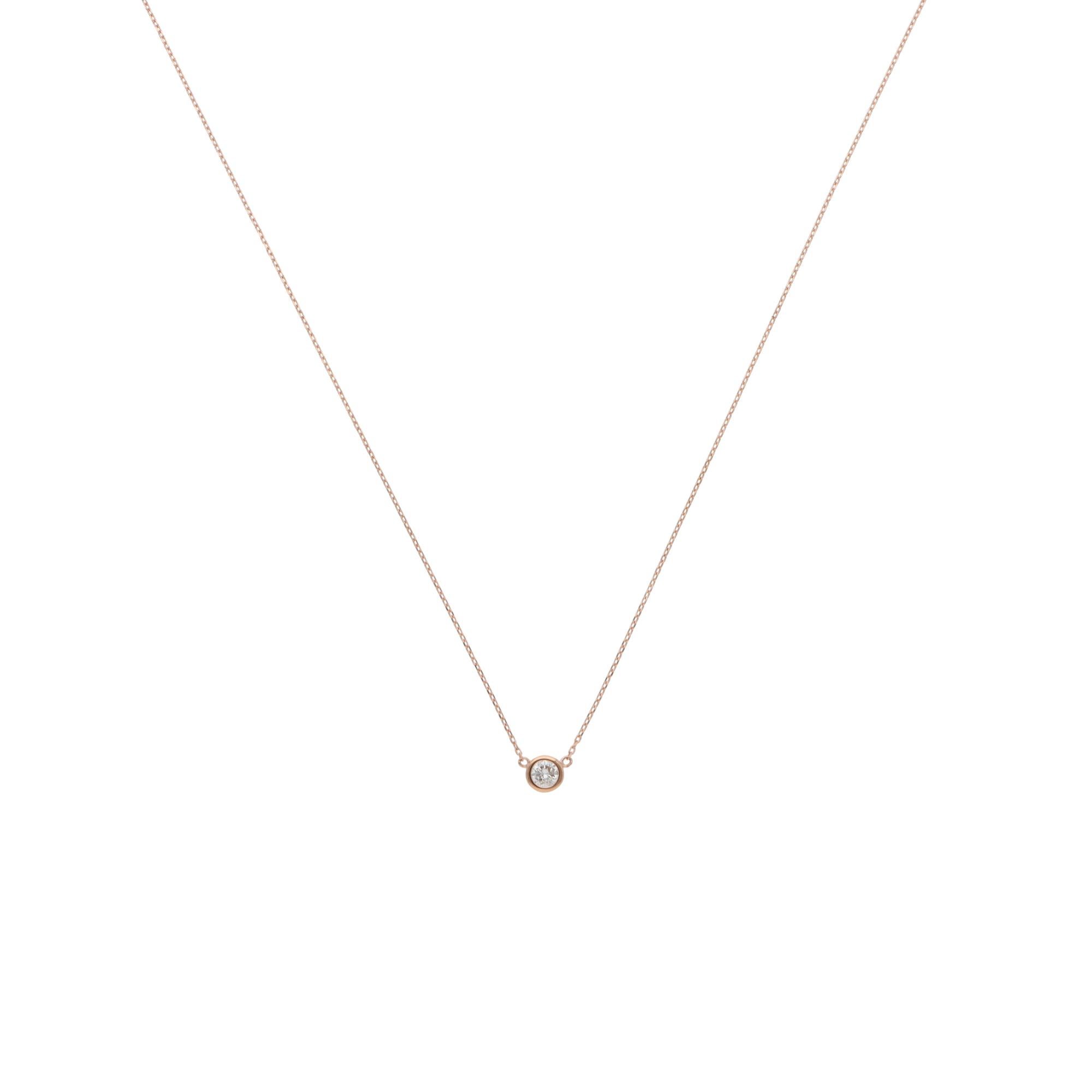 A beautiful contemporary diamond solitaire necklace set in 14k rose gold.

This dainty necklace has been crafted in exquisite rose gold, set with a single round brilliant-cut diamond in bezel settings. The true beauty of this piece lies in the