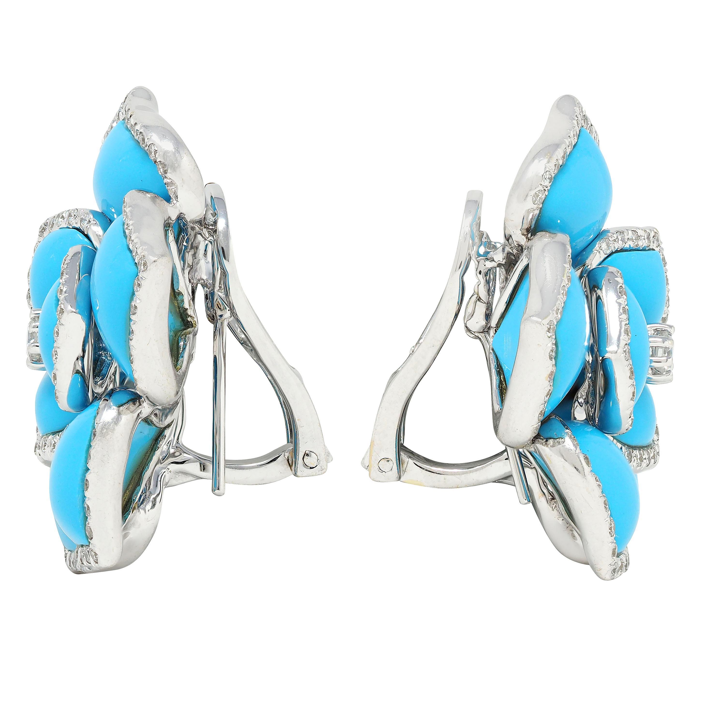 Contemporain Boucles d'oreilles fleurs contemporaines en or blanc 18 carats diamant turquoise en vente