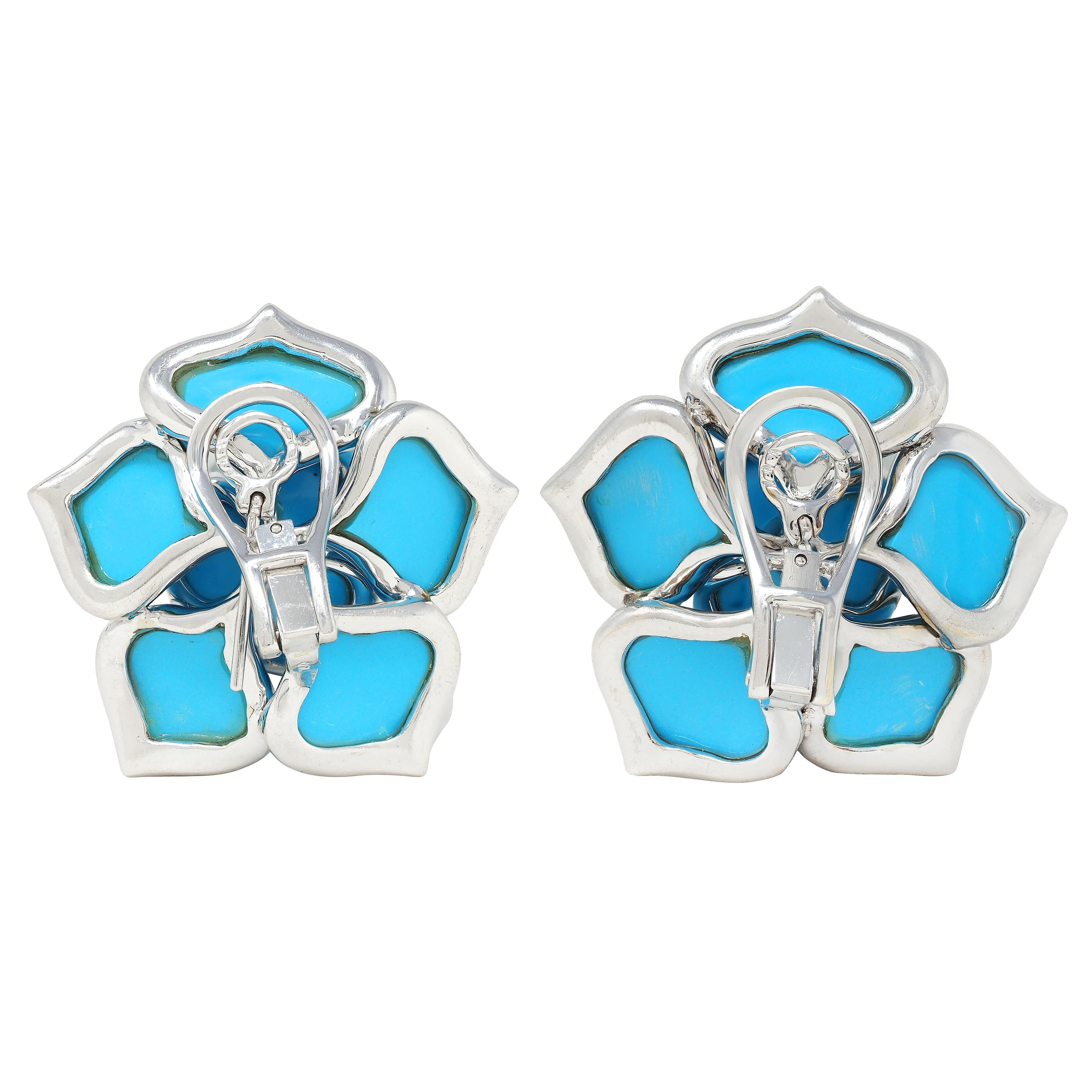 Taille mixte Boucles d'oreilles fleurs contemporaines en or blanc 18 carats diamant turquoise en vente