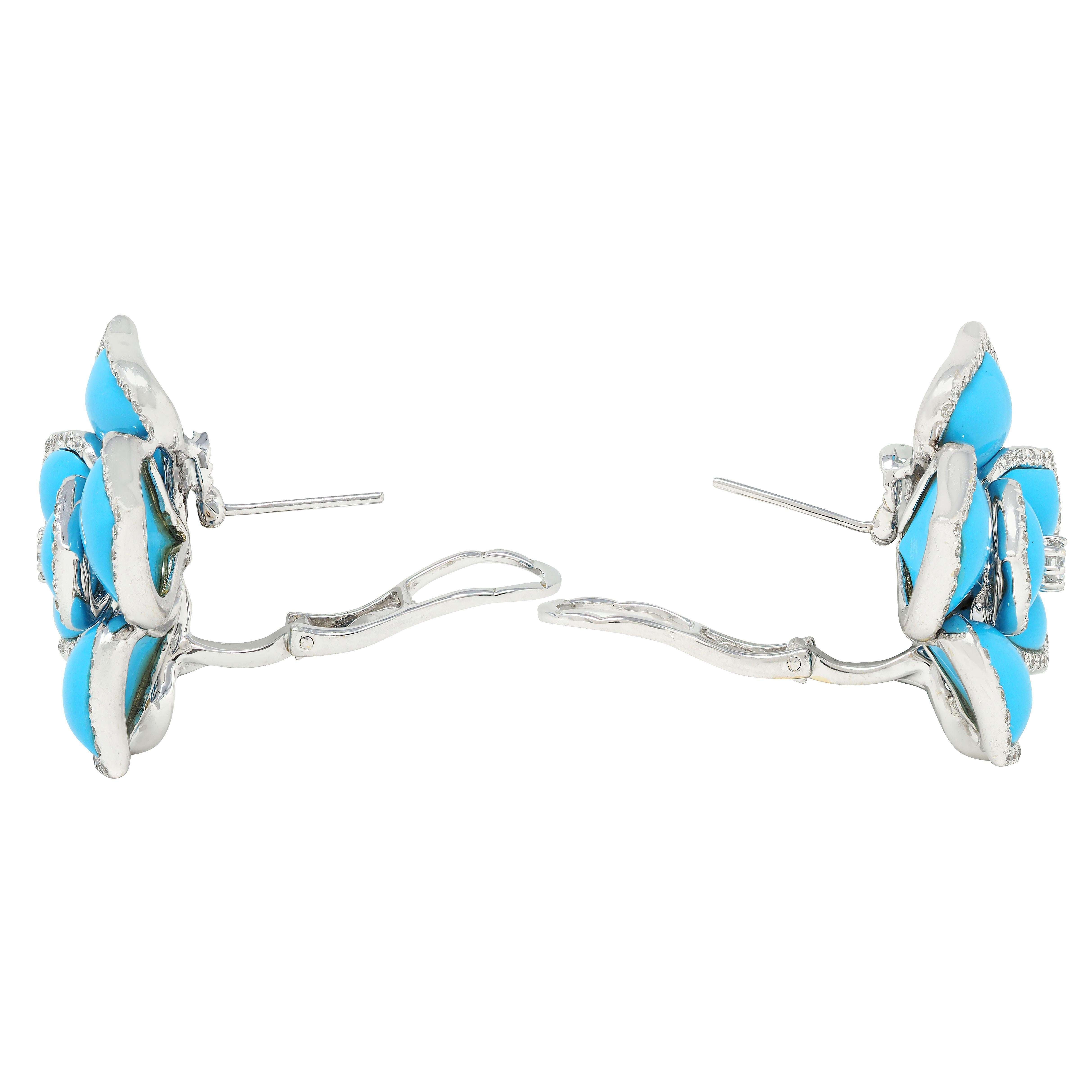 Boucles d'oreilles fleurs contemporaines en or blanc 18 carats diamant turquoise Excellent état - En vente à Philadelphia, PA