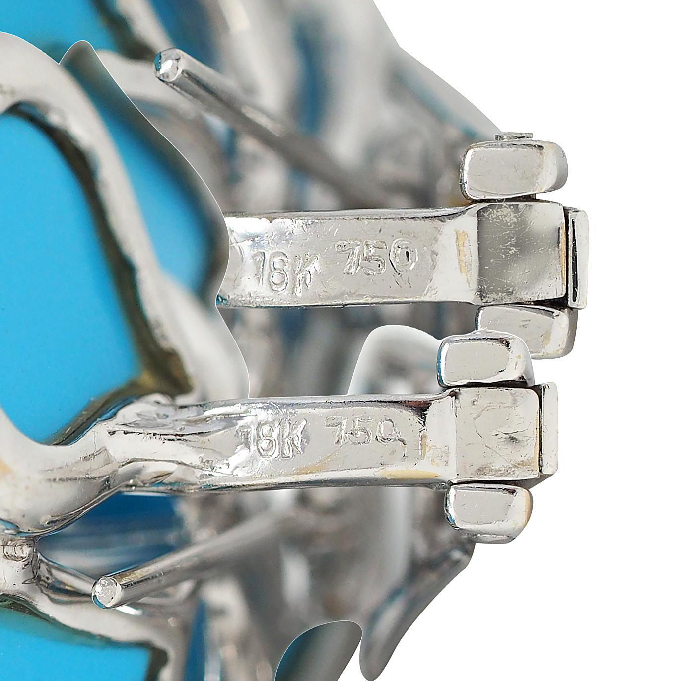 Boucles d'oreilles fleurs contemporaines en or blanc 18 carats diamant turquoise en vente 1