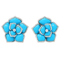 Boucles d'oreilles fleurs contemporaines en or blanc 18 carats diamant turquoise