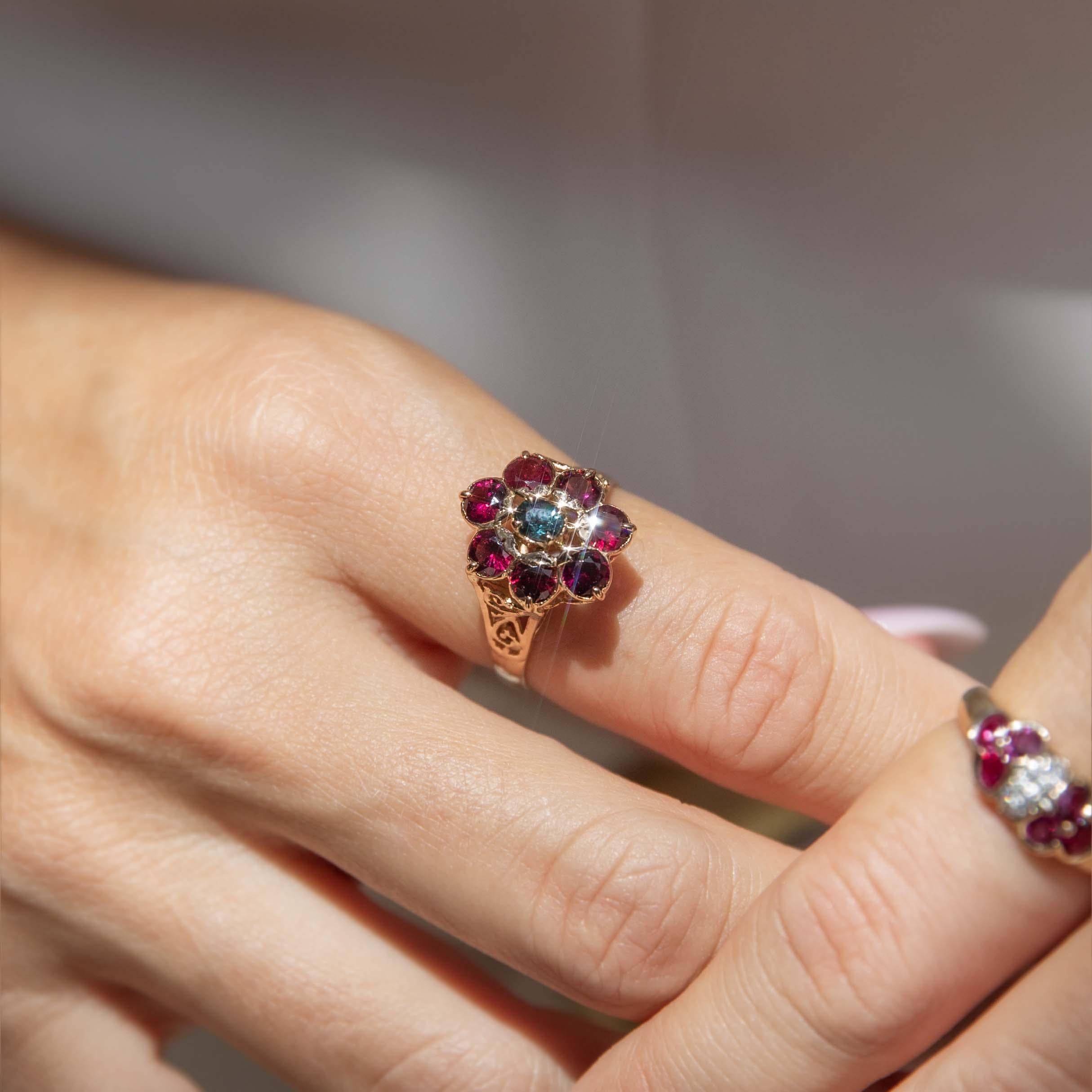A modern flourish of colour and brilliance, the Olive Contemporary Ruby & Diamond Ring in 14ct gold features clusters of rich rubies flanking a shimmering diamond center. A refined balance of bold elegance and timeless charm.

The Olive Ring Gem