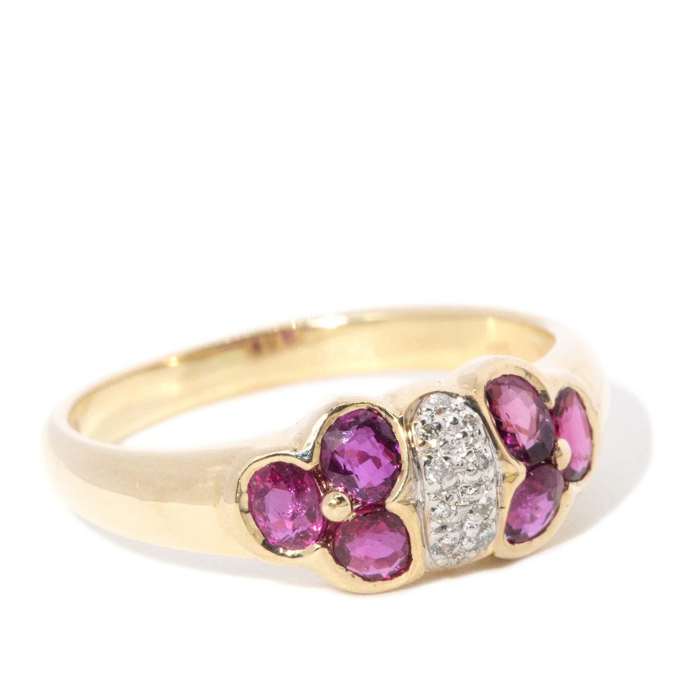 Round Cut Contemporary Diamond & Twin Ruby Flower Cluster Ring 14 Carat Yellow Gold